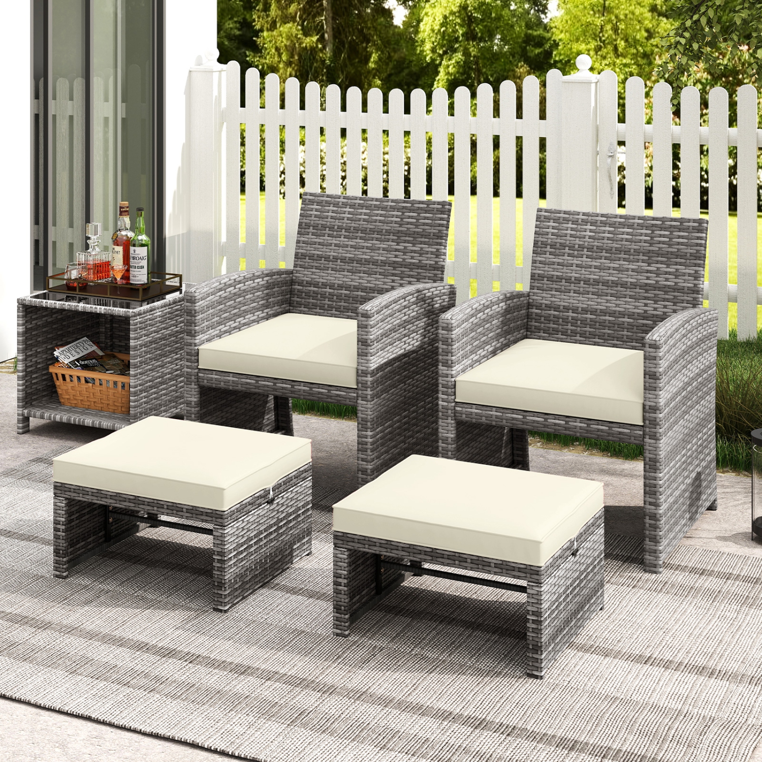 Gymax 2 Pieces Patio PE Rattan Ottomans with Soft Zippered Cushions for Deck Frame