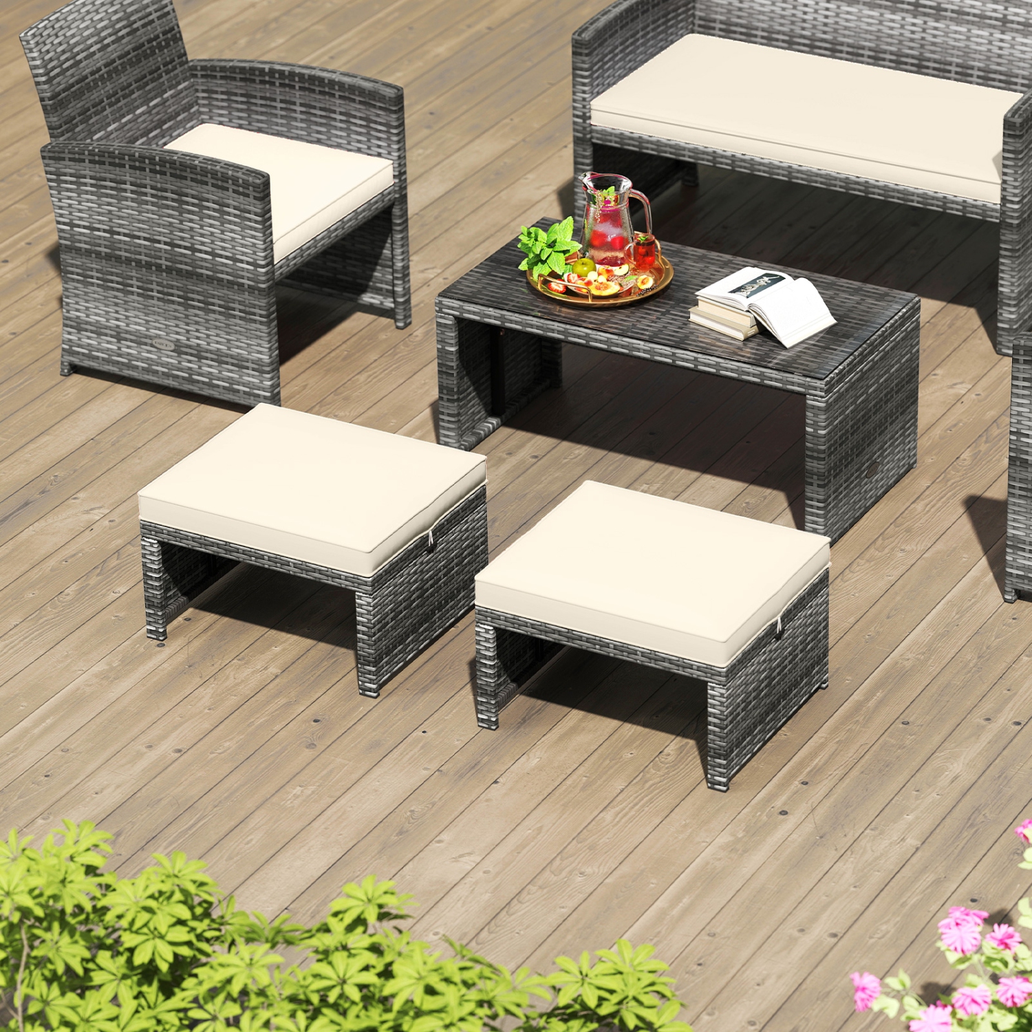 Gymax 2 Pieces Patio PE Rattan Ottomans with Soft Zippered Cushions for Deck Frame