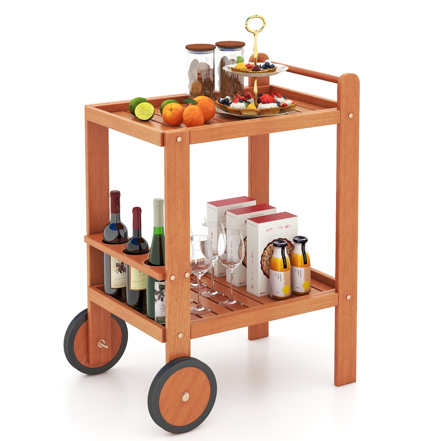 Gymax Wood Bar Cart 2 Tier Bar Trolley w/ Large Rubber Wheels & Wine Bottle Rack