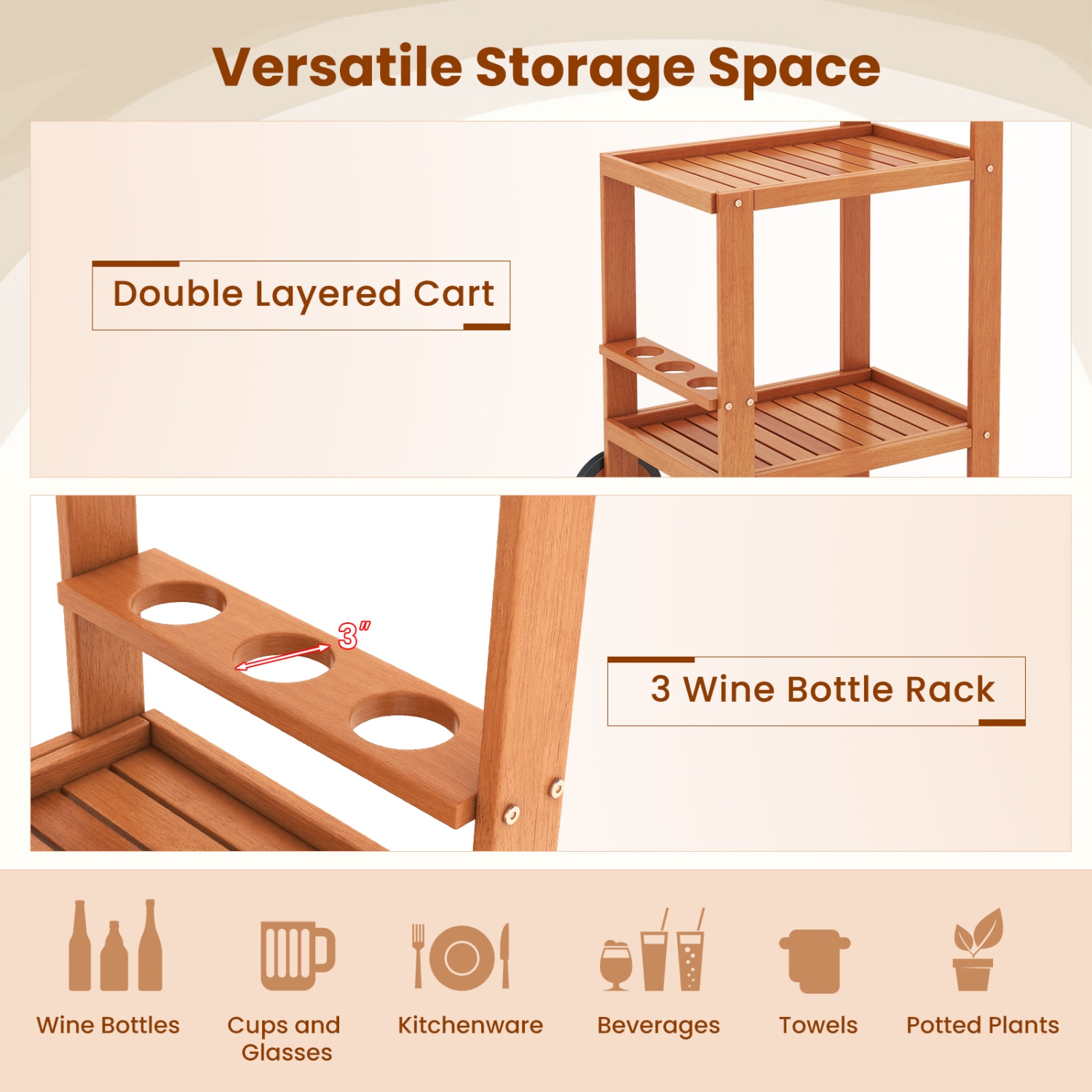 Gymax Wood Bar Cart 2 Tier Bar Trolley w/ Large Rubber Wheels & Wine Bottle Rack