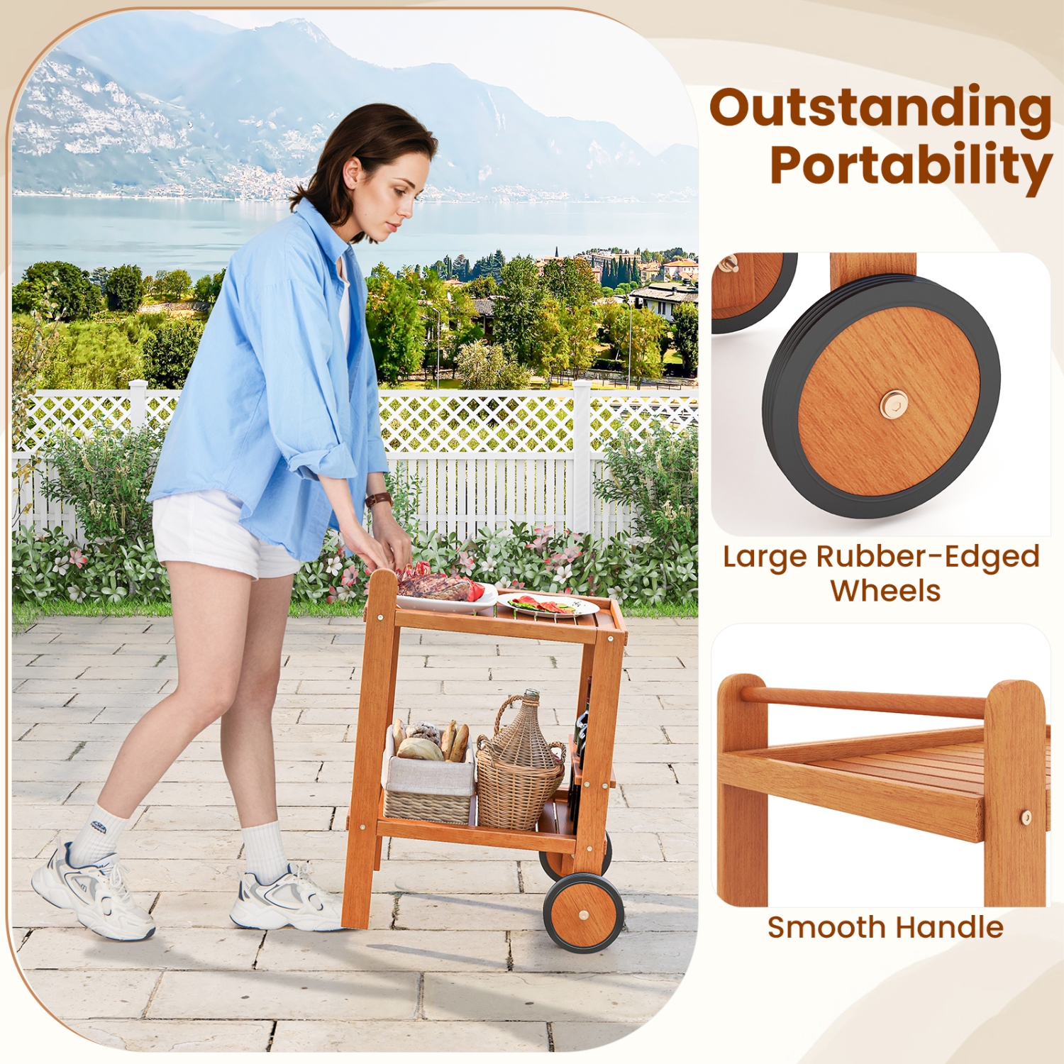 Gymax Wood Bar Cart 2 Tier Bar Trolley w/ Large Rubber Wheels & Wine Bottle Rack