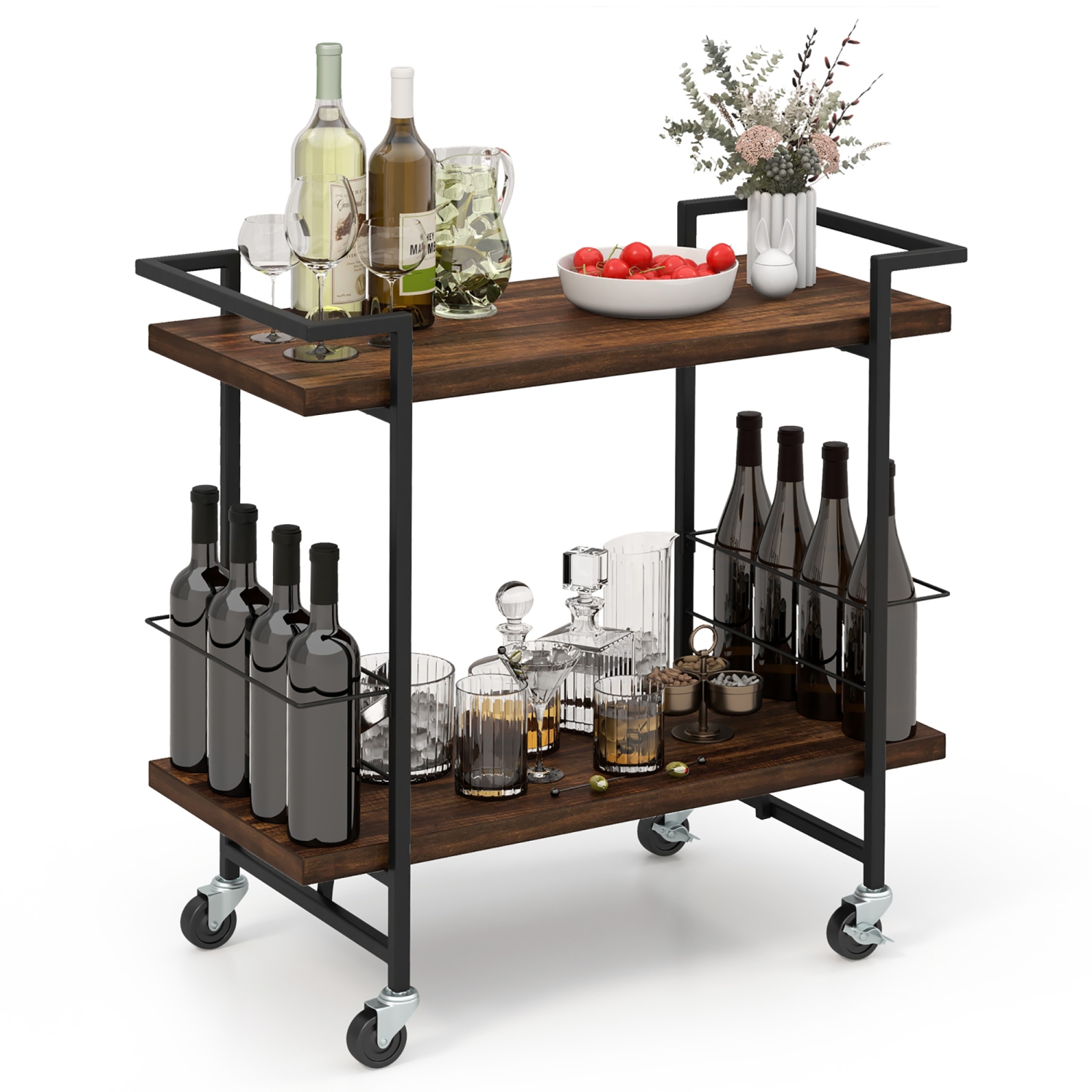 Gymax Home Bar Cart 2-tier Home Bar Cart w/ Lockable Wheels & Anti-fall Guardrail