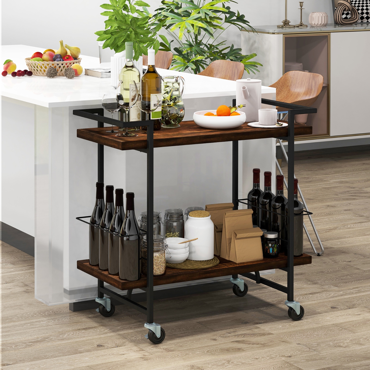 Gymax Home Bar Cart 2-tier Home Bar Cart w/ Lockable Wheels & Anti-fall Guardrail