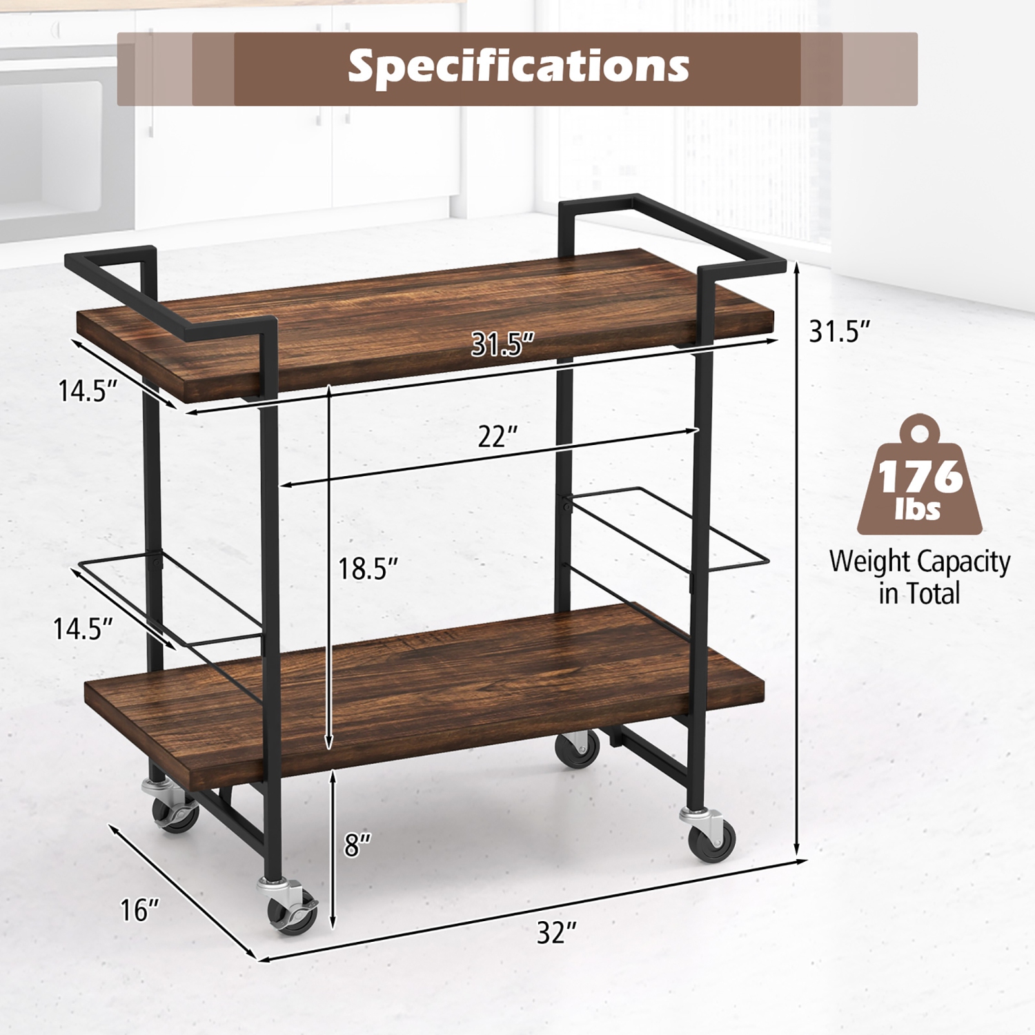 Gymax Home Bar Cart 2-tier Home Bar Cart w/ Lockable Wheels & Anti-fall Guardrail