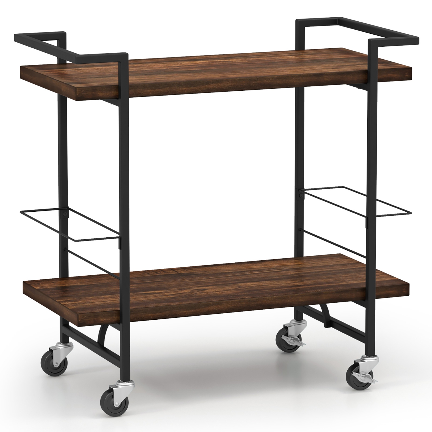 Gymax Home Bar Cart 2-tier Home Bar Cart w/ Lockable Wheels & Anti-fall Guardrail