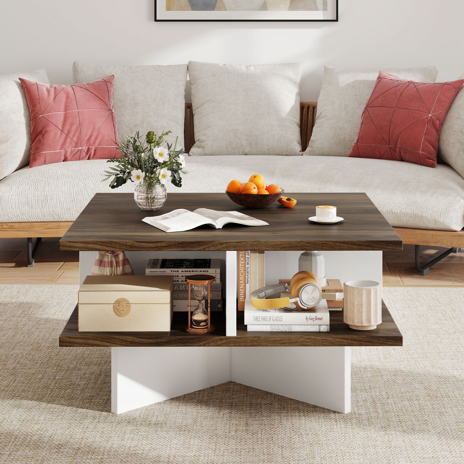 Gymax 2-Tier Square Coffee Table w/ Storage Farmhouse Modern Accent Table Center Table