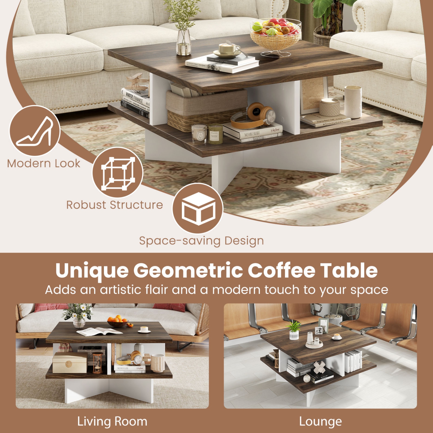 Gymax 2-Tier Square Coffee Table w/ Storage Farmhouse Modern Accent Table Center Table