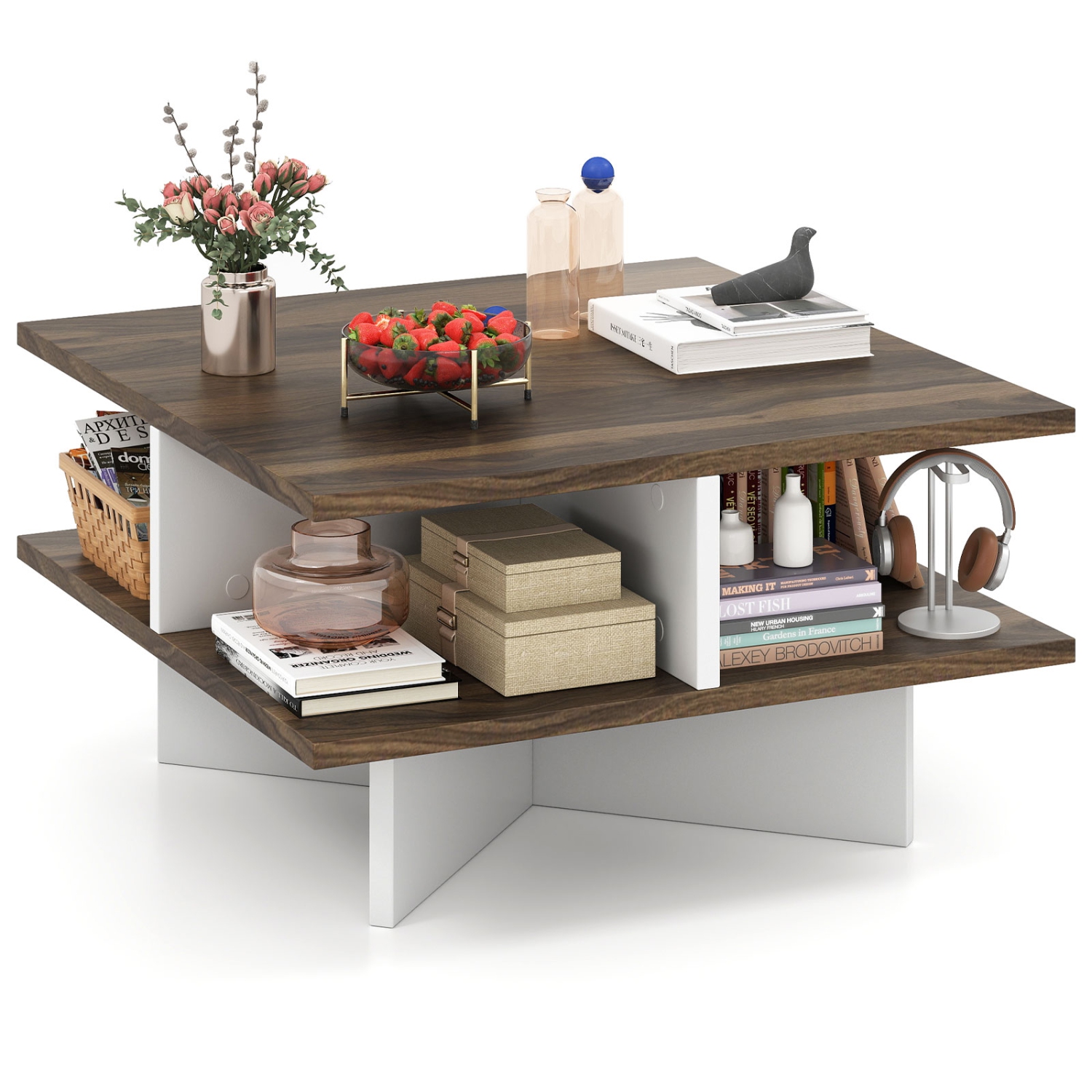 Gymax 2-Tier Square Coffee Table w/ Storage Farmhouse Modern Accent Table Center Table