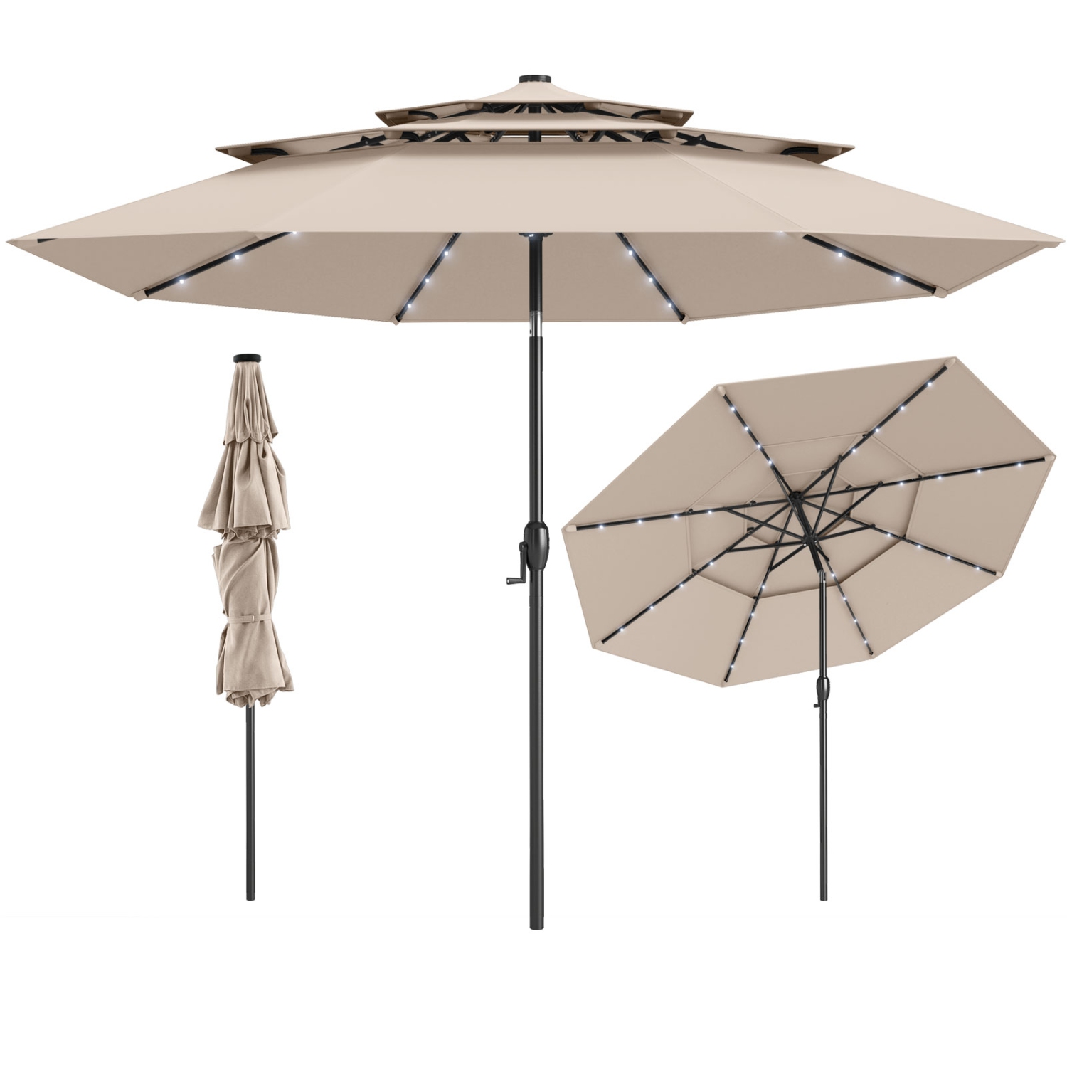 Gymax 10 FT Solar Patio Umbrella w/ 32 LED Lights 3-Tier Vented Top Tilt Adjustment
