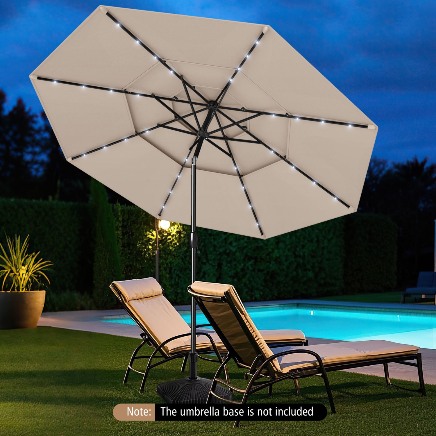 Gymax 10 FT Solar Patio Umbrella w/ 32 LED Lights 3-Tier Vented Top Tilt Adjustment