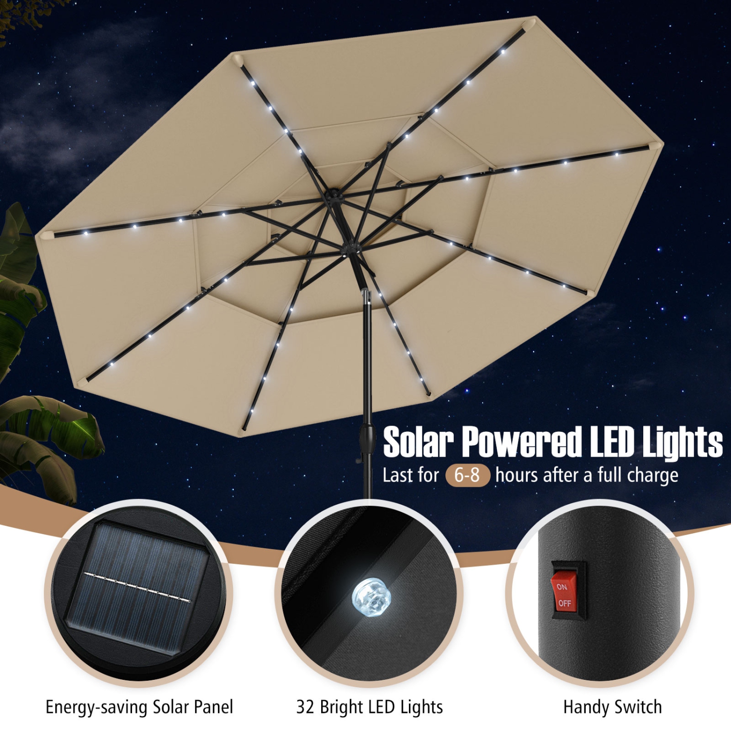 Gymax 10 FT Solar Patio Umbrella w/ 32 LED Lights 3-Tier Vented Top Tilt Adjustment