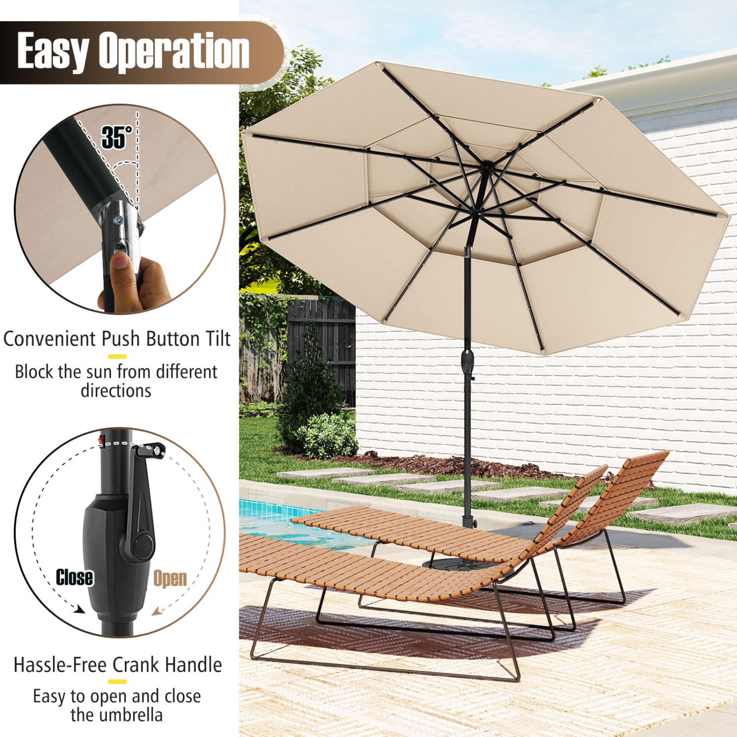 Gymax 10 FT Solar Patio Umbrella w/ 32 LED Lights 3-Tier Vented Top Tilt Adjustment