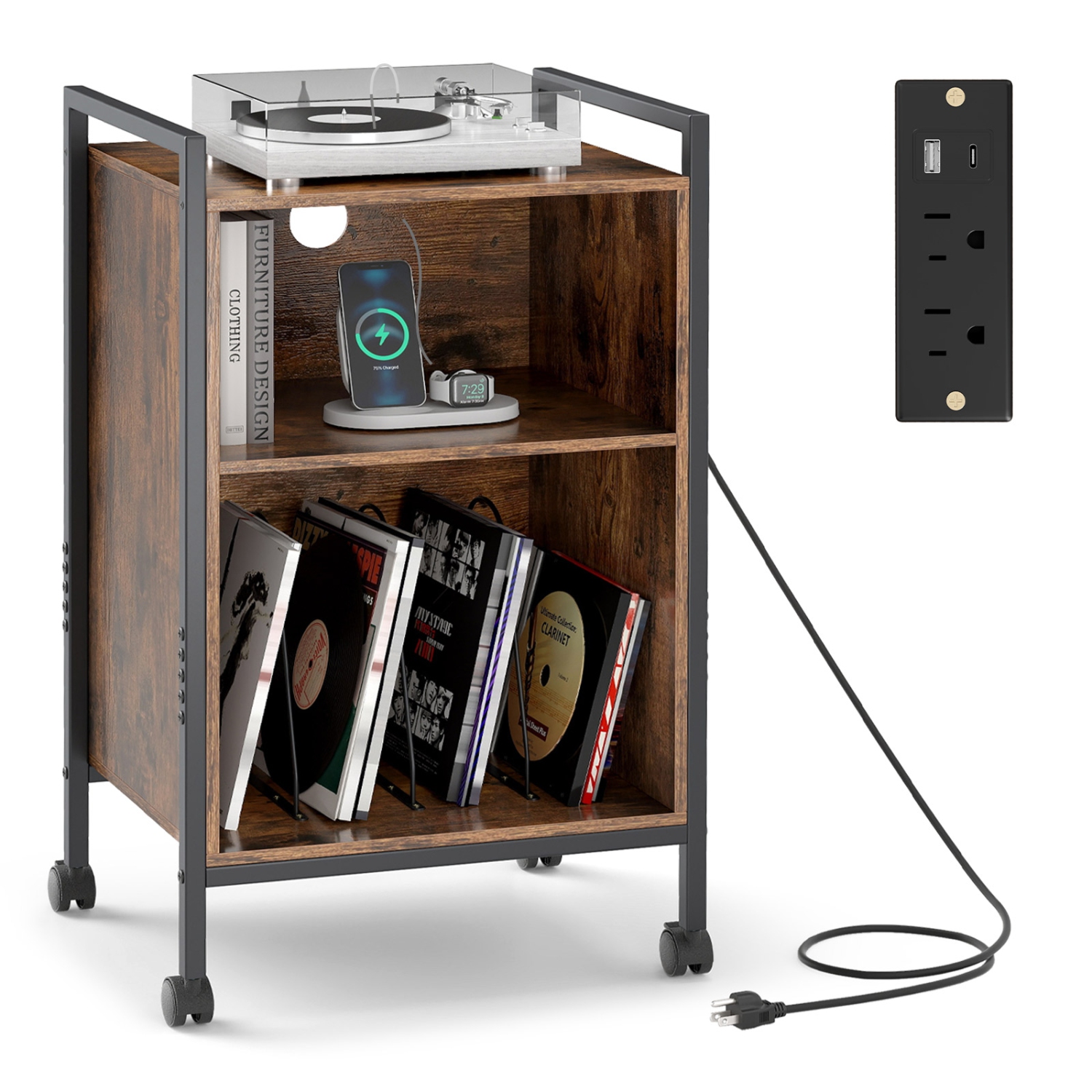 Gymax 3-Tier Rolling Record Player Stand w/ Charging Station Open Shelves for Bedroom