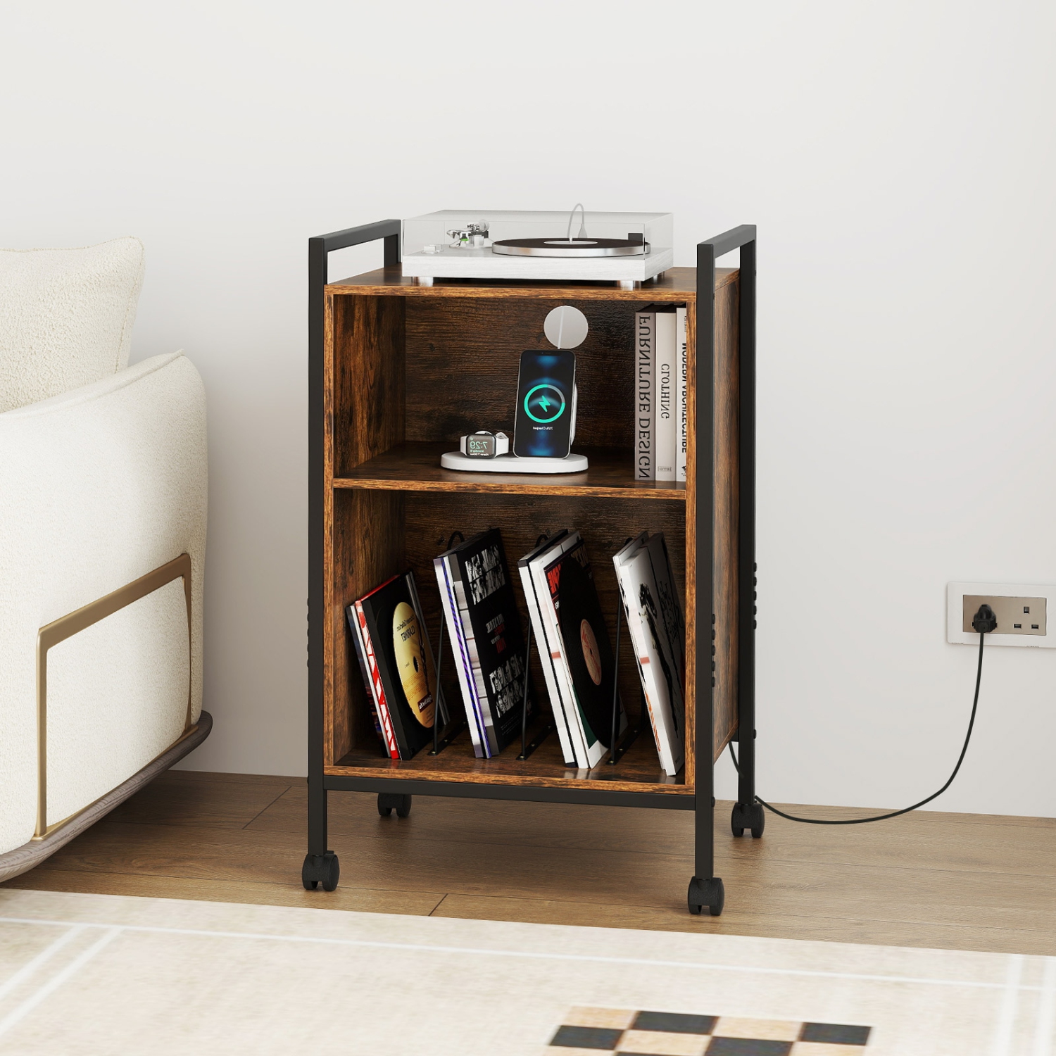 Gymax 3-Tier Rolling Record Player Stand w/ Charging Station Open Shelves for Bedroom