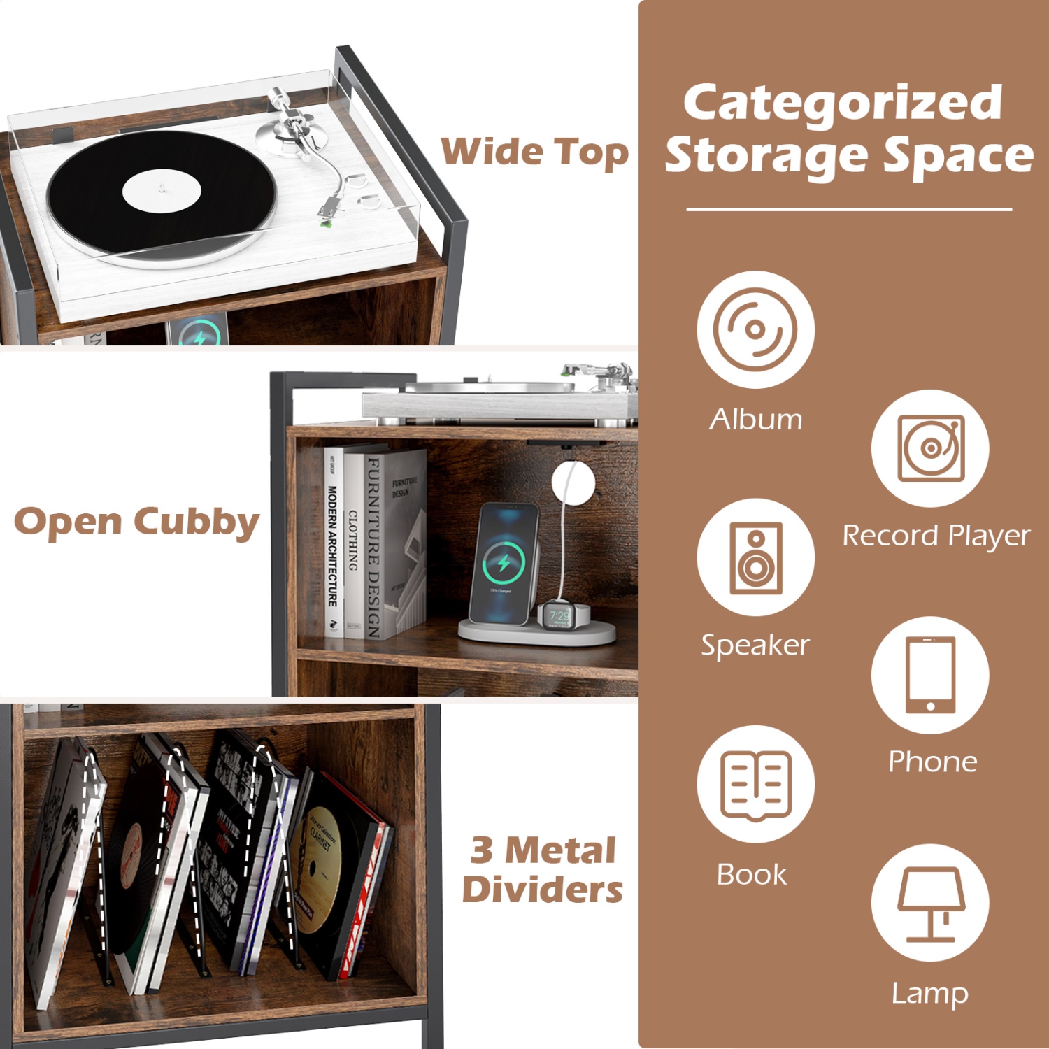 Gymax 3-Tier Rolling Record Player Stand w/ Charging Station Open Shelves for Bedroom