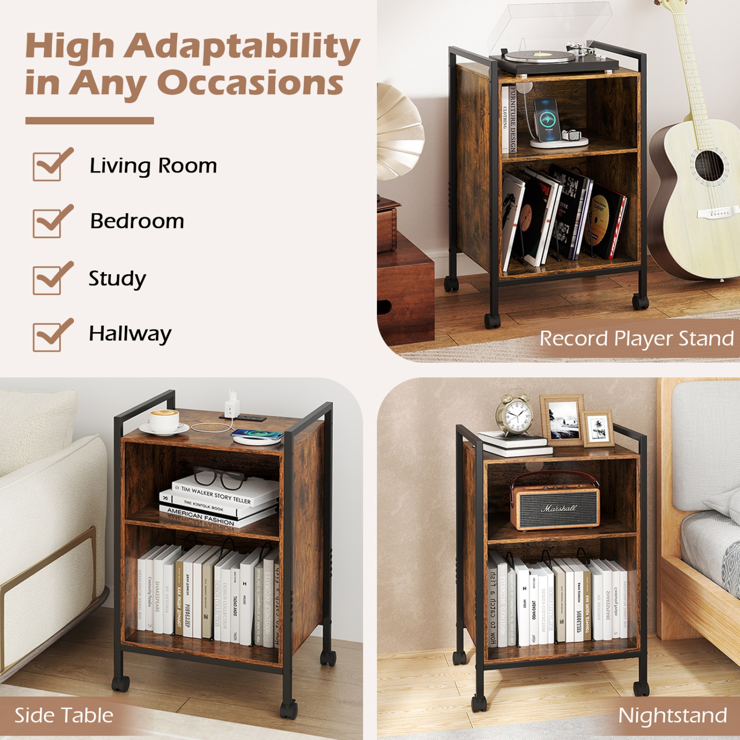 Gymax 3-Tier Rolling Record Player Stand w/ Charging Station Open Shelves for Bedroom