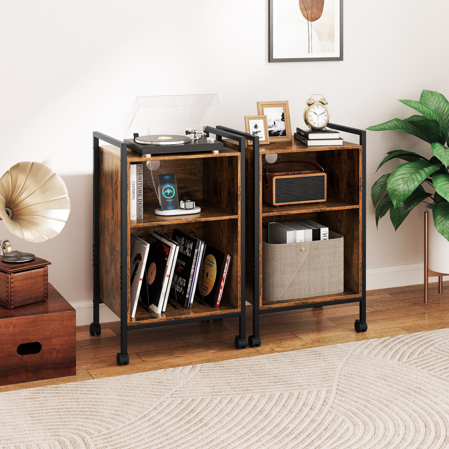 Gymax 3-Tier Rolling Record Player Stand w/ Charging Station Open Shelves for Bedroom