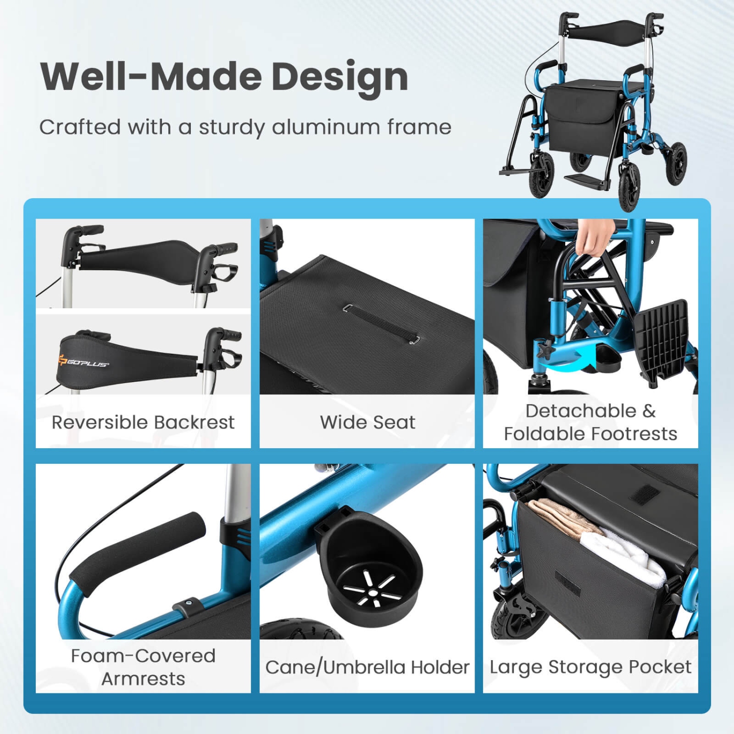 Déambulateur 2-en-1 pour aînés avec siège Pneus pneumatiques de 9 po pour tout terrain noir/rouge/marine de Goplus