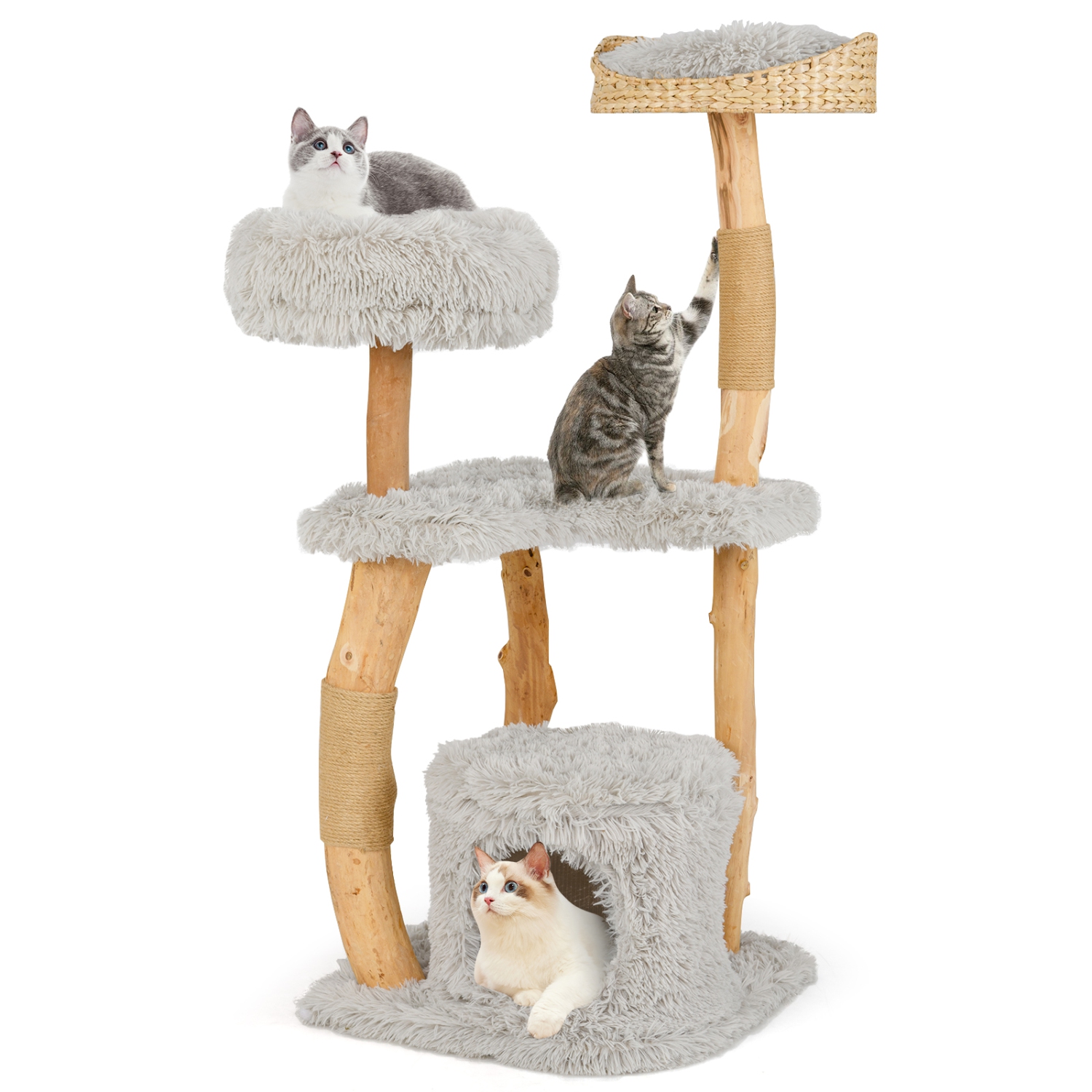 Gymax 49'' Tall Wooden Cat Tree Solid Wood Cat Tower w/ Jute Scratching Posts