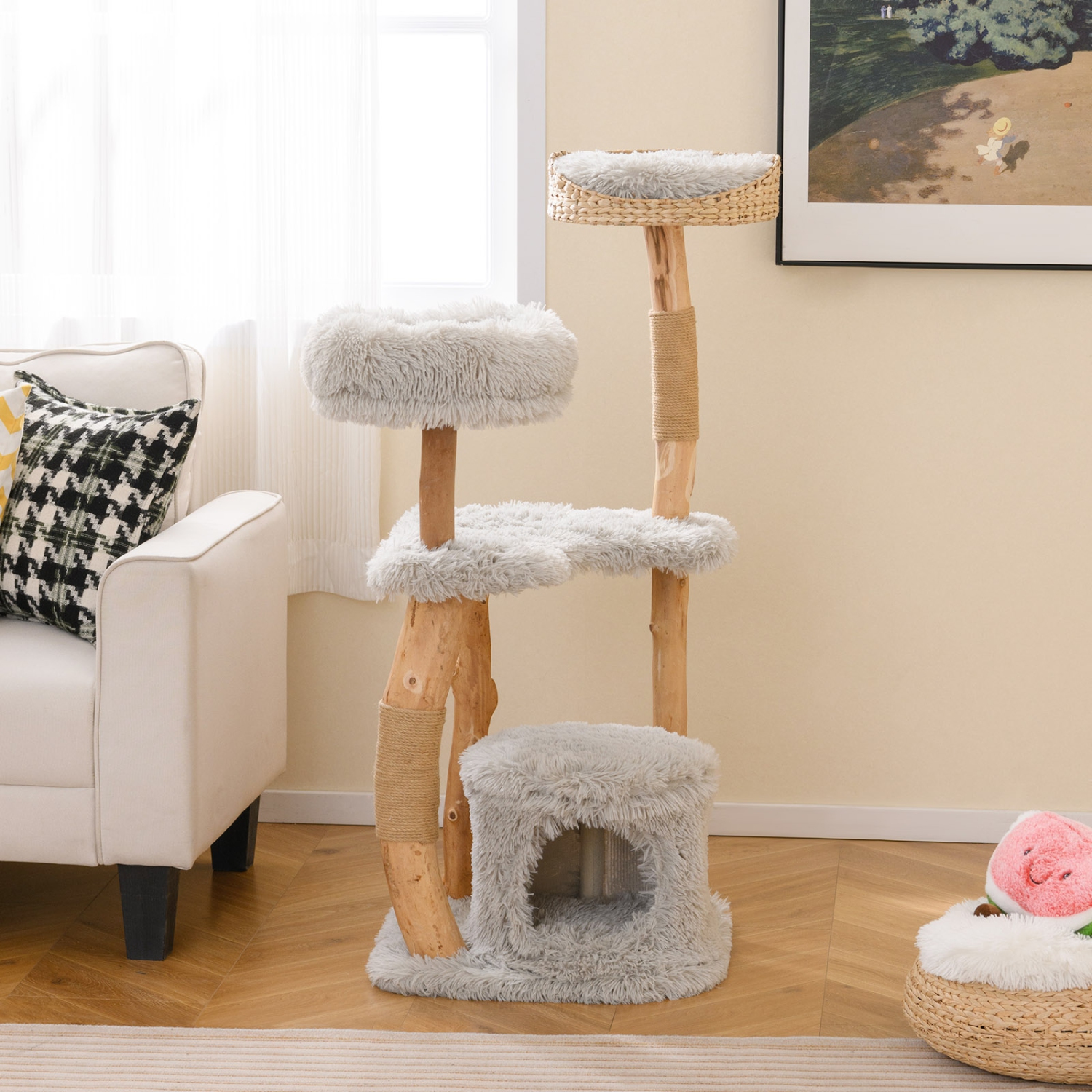 Gymax 49'' Tall Wooden Cat Tree Solid Wood Cat Tower w/ Jute Scratching Posts