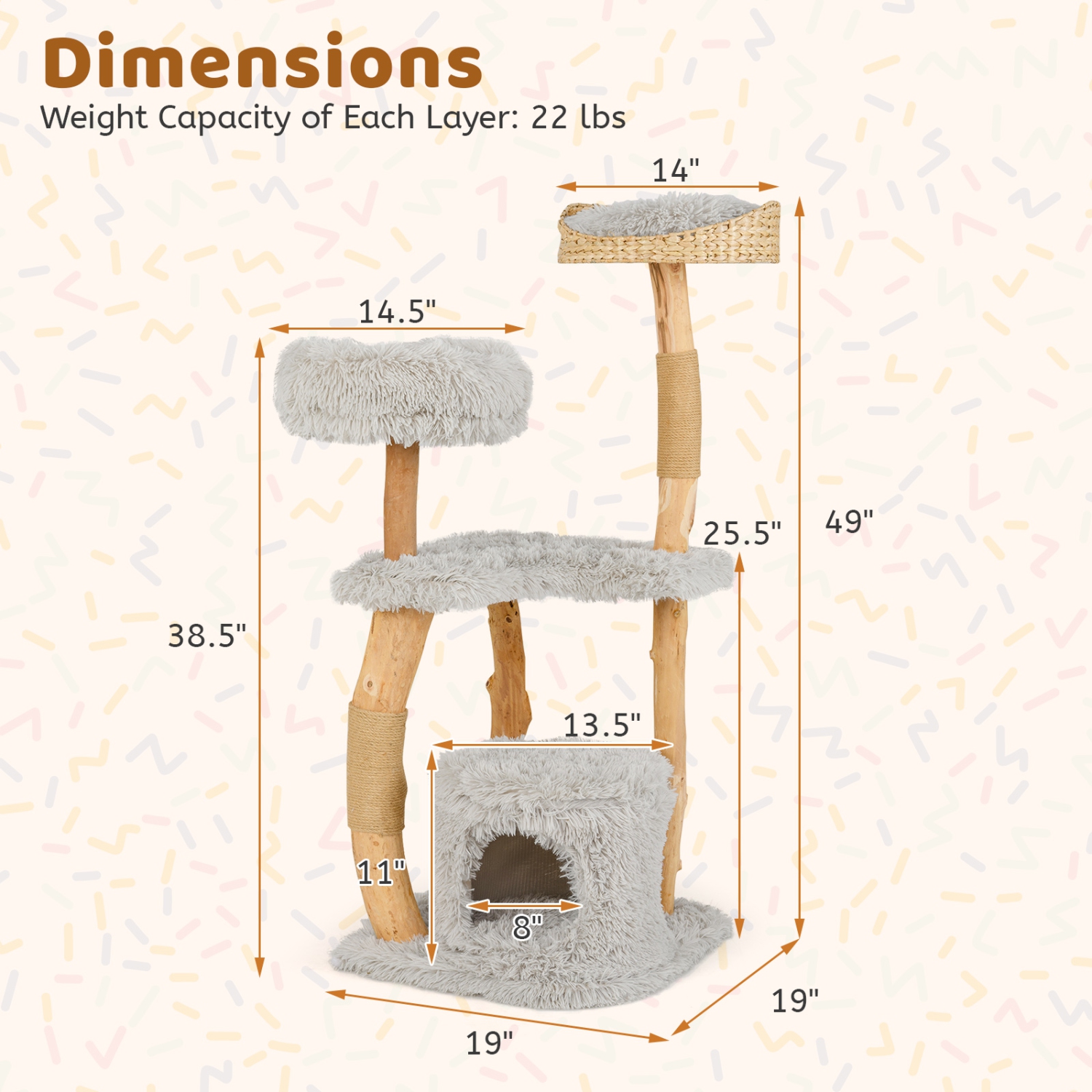 Gymax 49'' Tall Wooden Cat Tree Solid Wood Cat Tower w/ Jute Scratching Posts