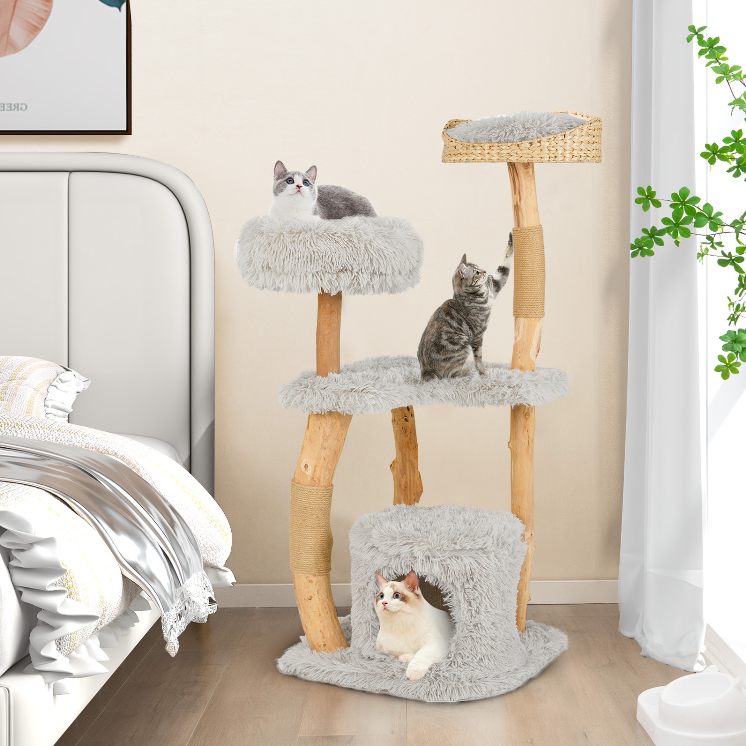 Gymax 49'' Tall Wooden Cat Tree Solid Wood Cat Tower w/ Jute Scratching Posts