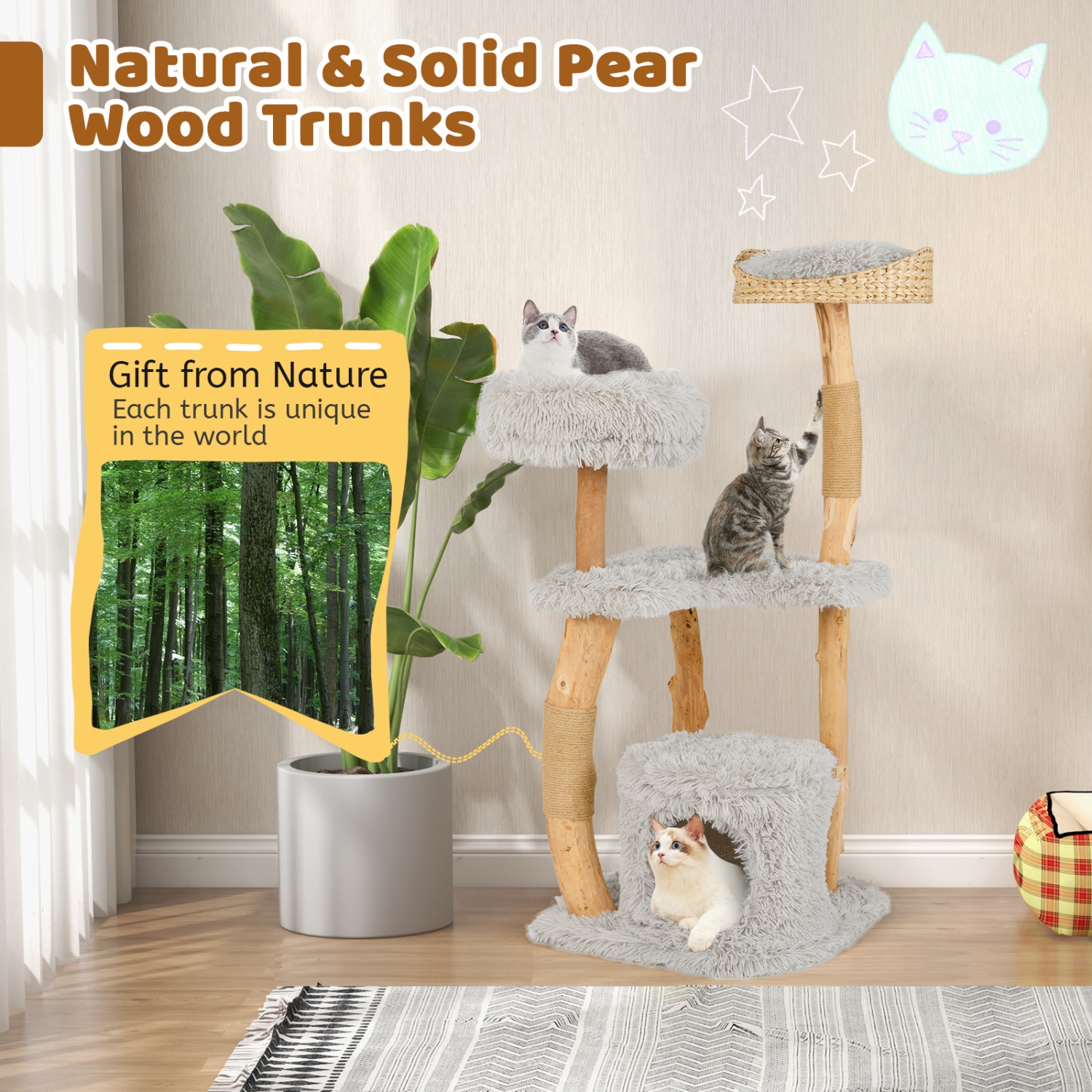 Gymax 49'' Tall Wooden Cat Tree Solid Wood Cat Tower w/ Jute Scratching Posts