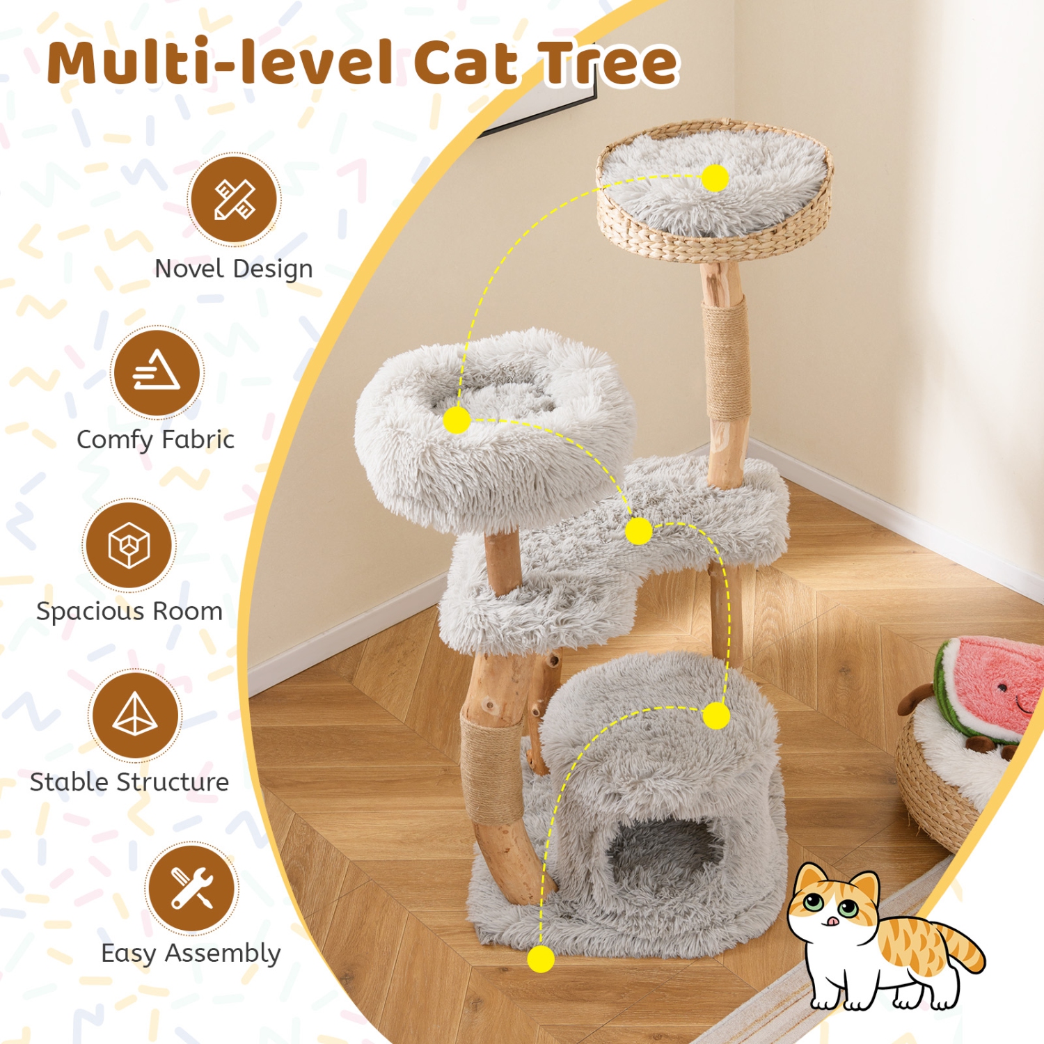 Gymax 49'' Tall Wooden Cat Tree Solid Wood Cat Tower w/ Jute Scratching Posts