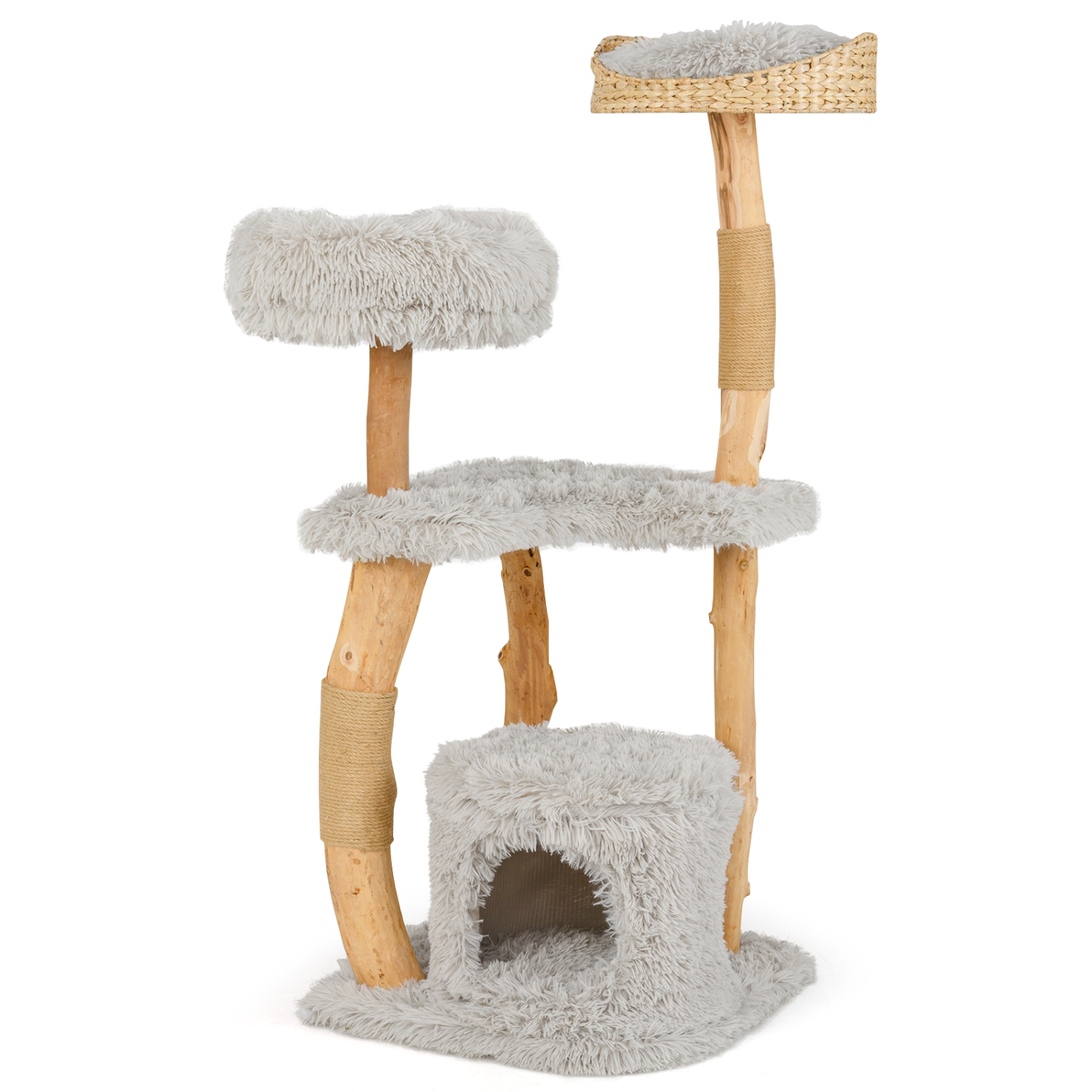 Gymax 49'' Tall Wooden Cat Tree Solid Wood Cat Tower w/ Jute Scratching Posts