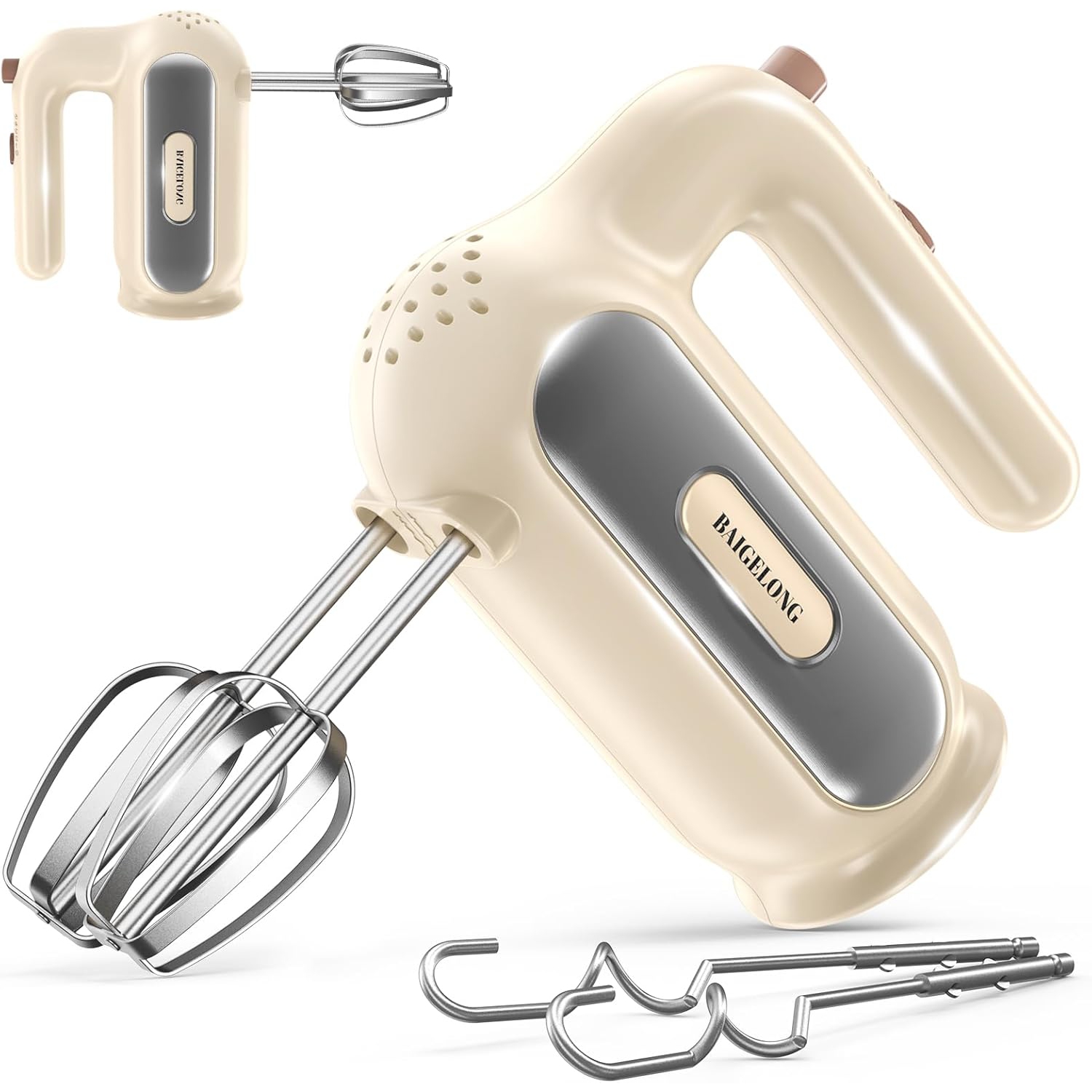 BAIGELONG Hand Mixer - 5-Speed Electric Handheld Mixer with Dough Hooks & Whisks, Almond Cream