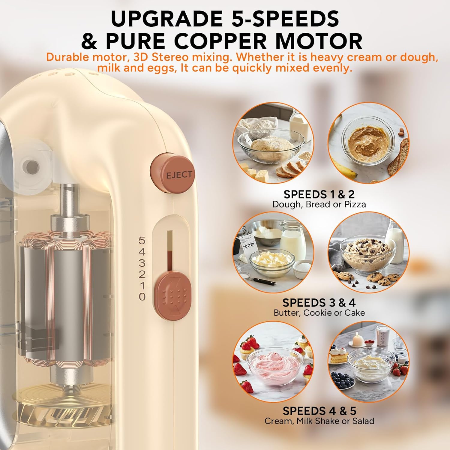 BAIGELONG Hand Mixer - 5-Speed Electric Handheld Mixer with Dough Hooks & Whisks, Almond Cream
