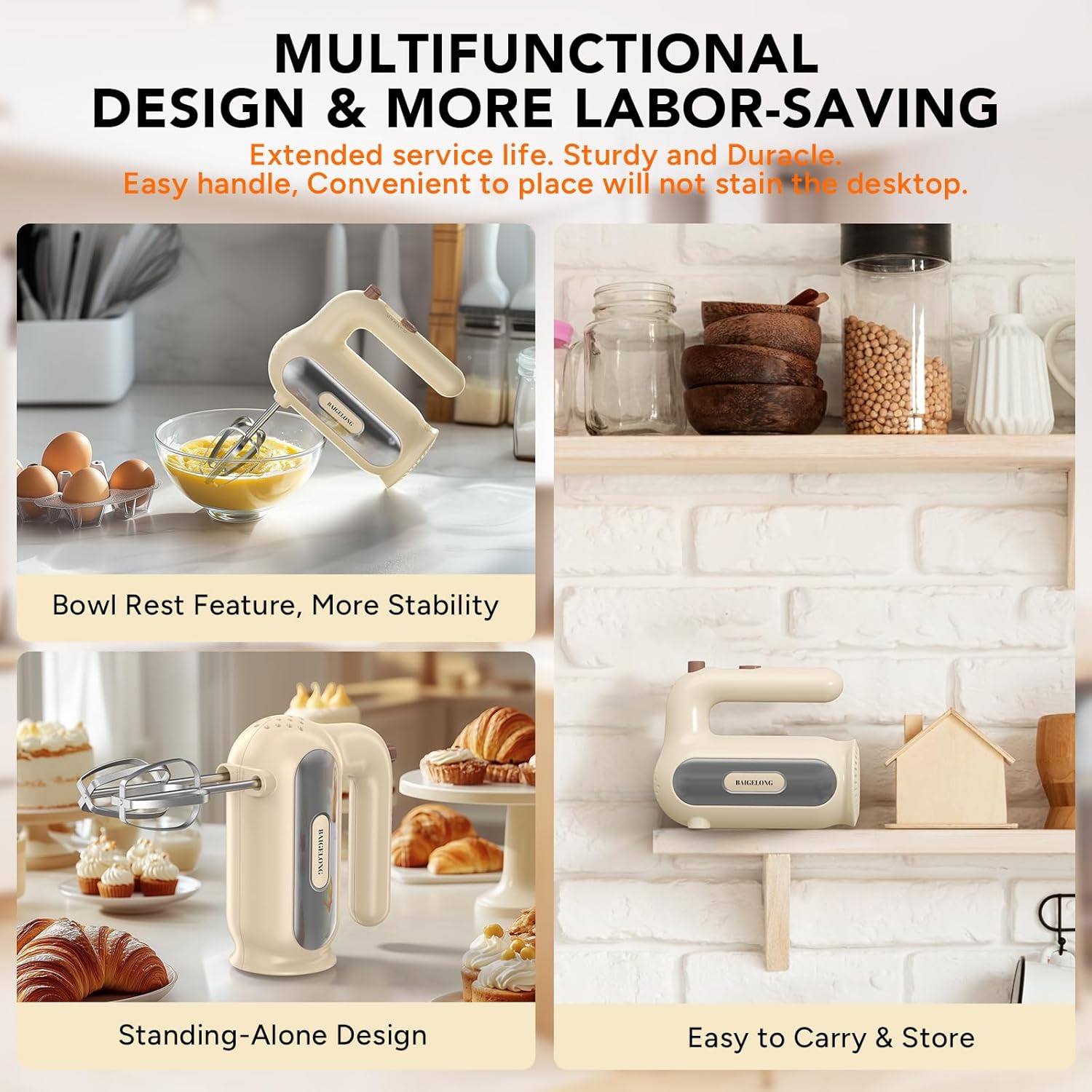 BAIGELONG Hand Mixer - 5-Speed Electric Handheld Mixer with Dough Hooks & Whisks, Almond Cream