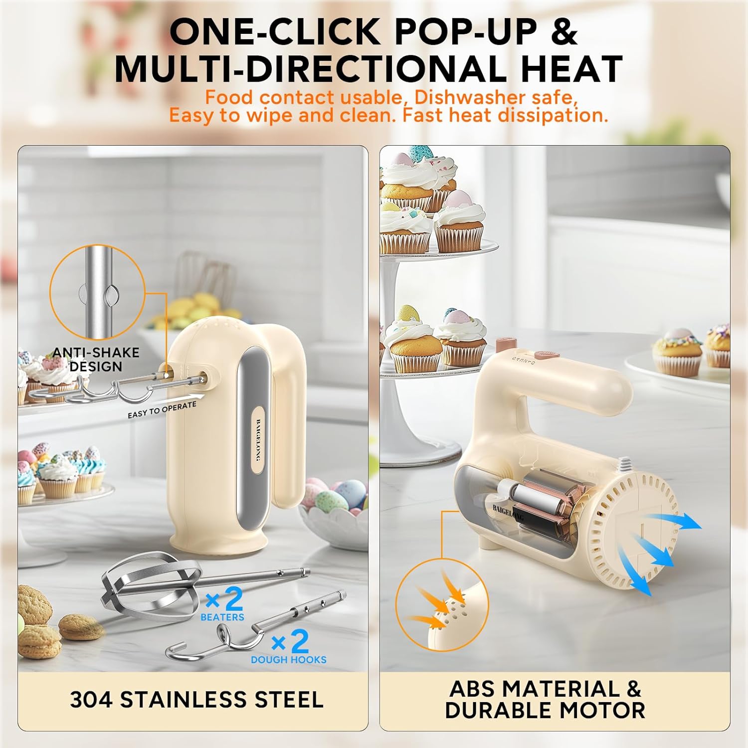 BAIGELONG Hand Mixer - 5-Speed Electric Handheld Mixer with Dough Hooks & Whisks, Almond Cream