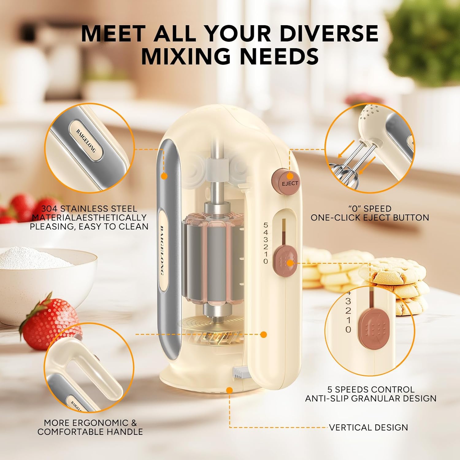 BAIGELONG Hand Mixer - 5-Speed Electric Handheld Mixer with Dough Hooks & Whisks, Almond Cream