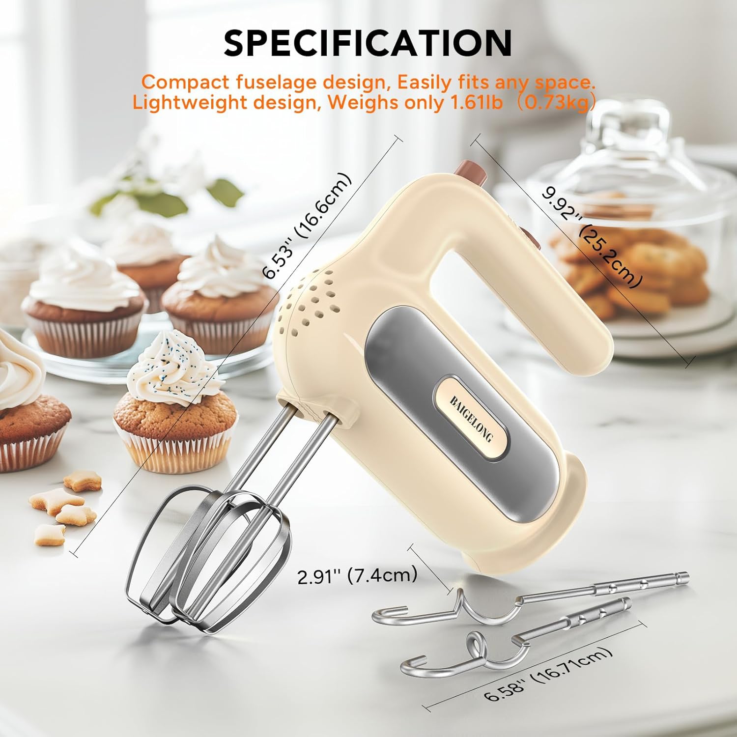 BAIGELONG Hand Mixer - 5-Speed Electric Handheld Mixer with Dough Hooks & Whisks, Almond Cream