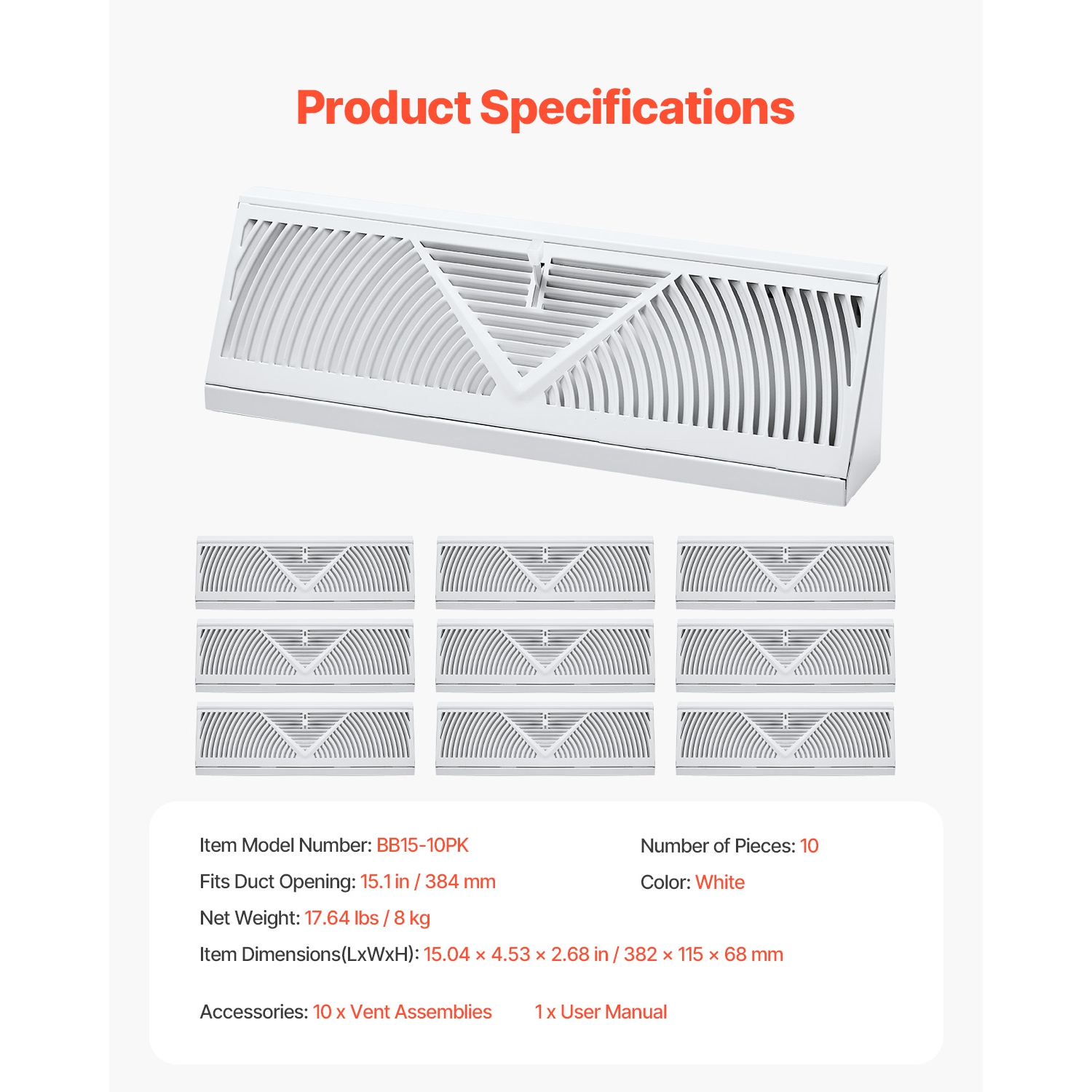 VEVOR 15-Inch Floor Registers, 10-Pack Baseboard Registers,HVAC Heavy-Duty Walkable Iron Floor Vents, Rustproof Anti-Peeling Air Vents Deflector