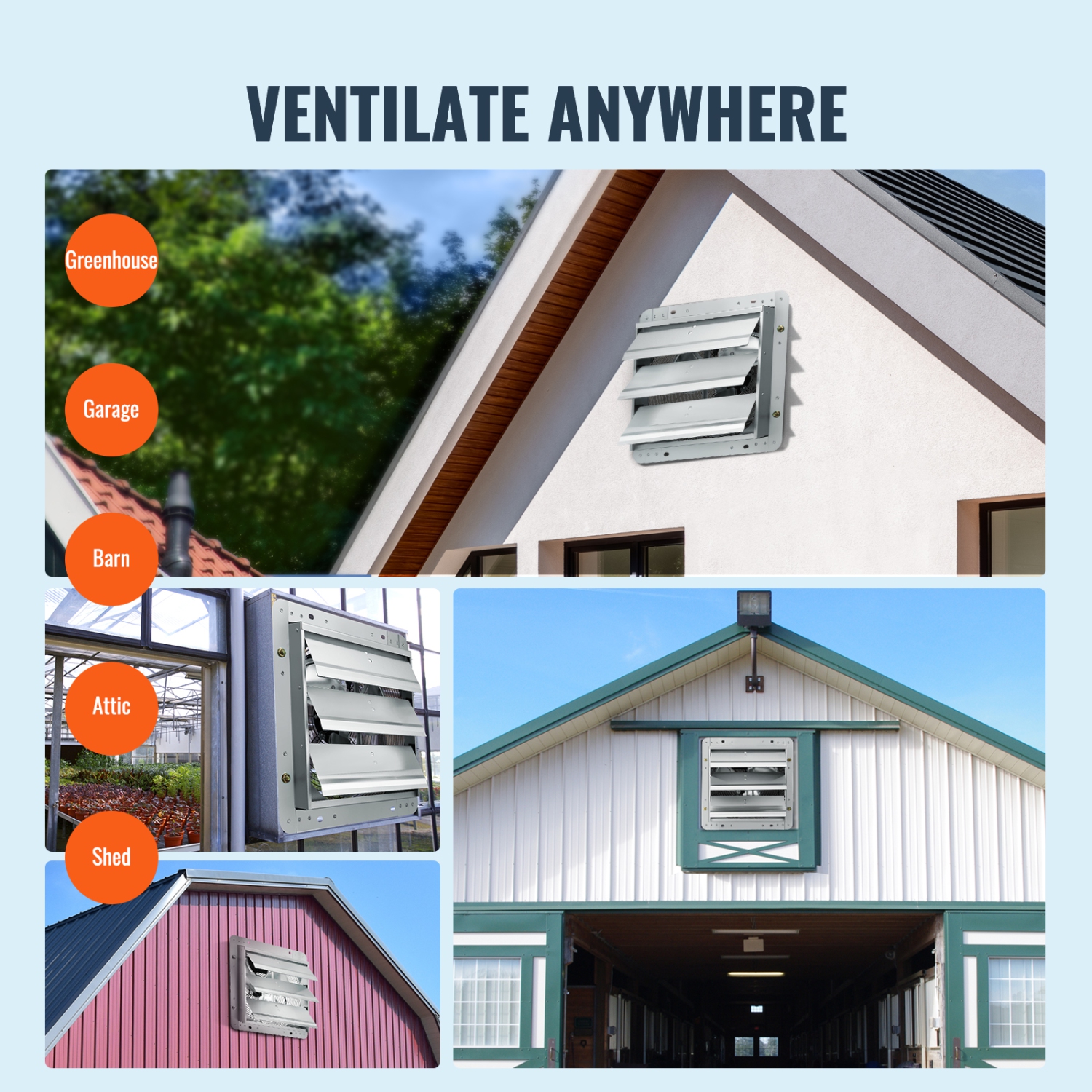 VEVOR 10'' Shutter Exhaust Fan, with Speed Controller, AC-motor, 820 CFM, No Assembly Required Wall Mount Attic Fan, Ventilation and Cooling for