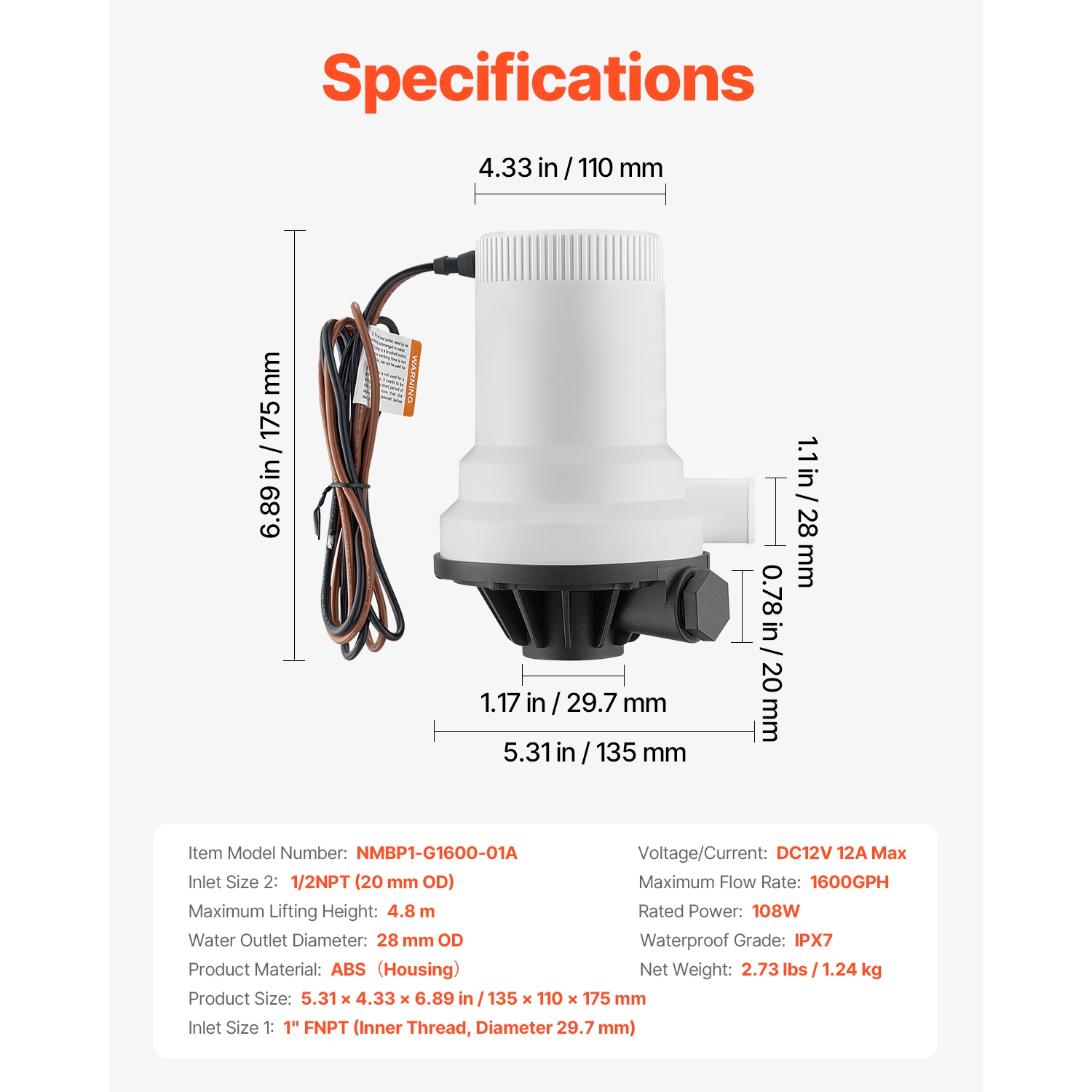 Pompe VEVOR LIVEWELL de 1600 gal/h pour bateau, pompe d'aérateur 12&nbsp;V droite avec double entrée, boîtier ABA et cartouche de moteur amovible,