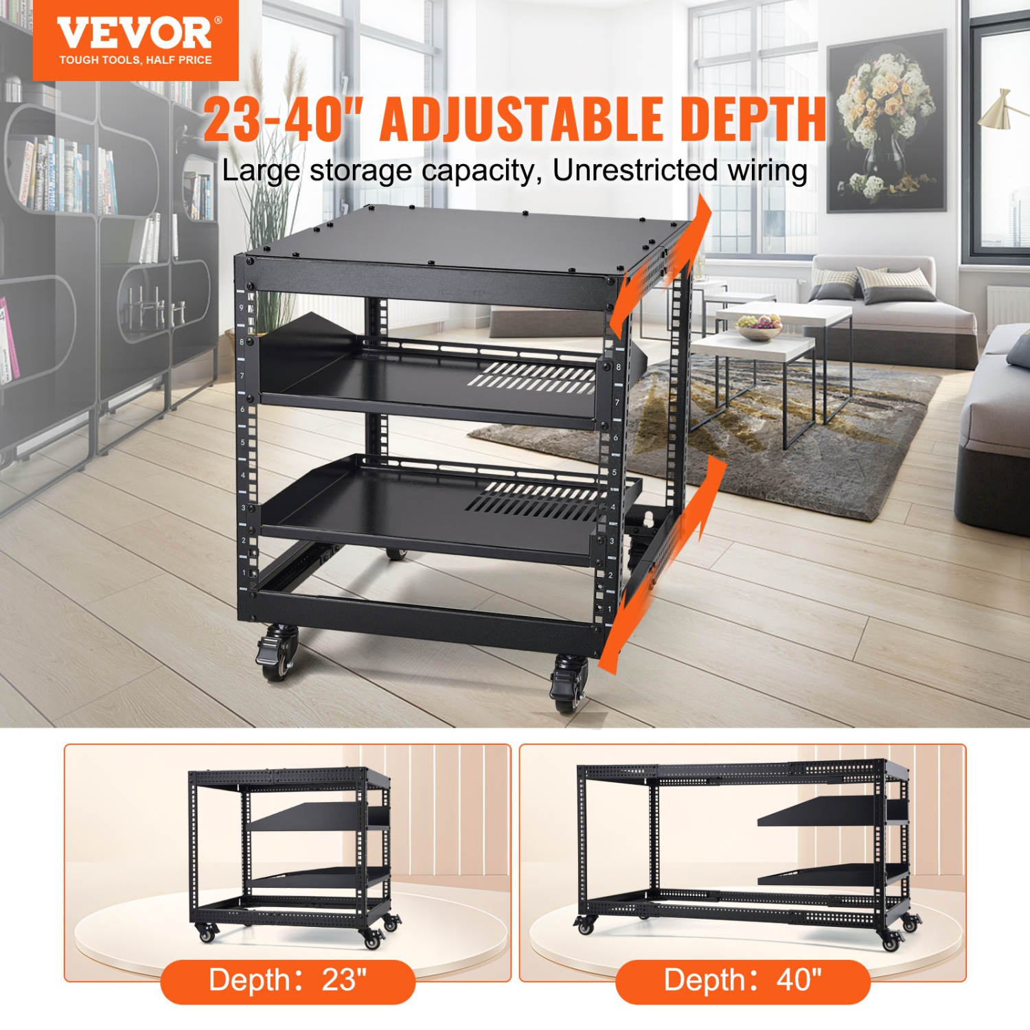 VEVOR 9U Open Frame Server Rack, 23''-40'' Adjustable Depth, Free Standing or Wall Mount Network Server Rack with 360° Casters, Heavy Duty 4 Post