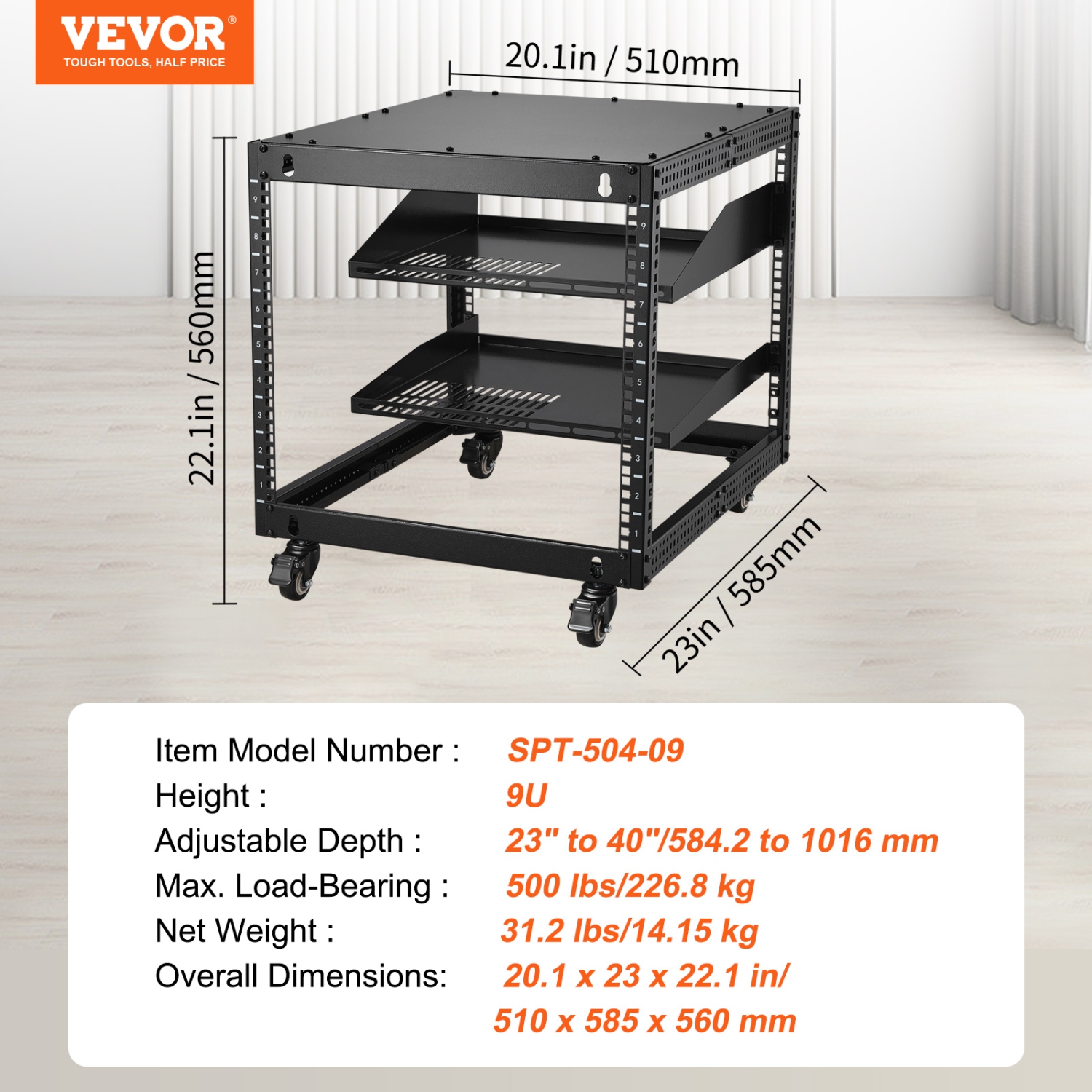 VEVOR 9U Open Frame Server Rack, 23''-40'' Adjustable Depth, Free Standing or Wall Mount Network Server Rack with 360° Casters, Heavy Duty 4 Post