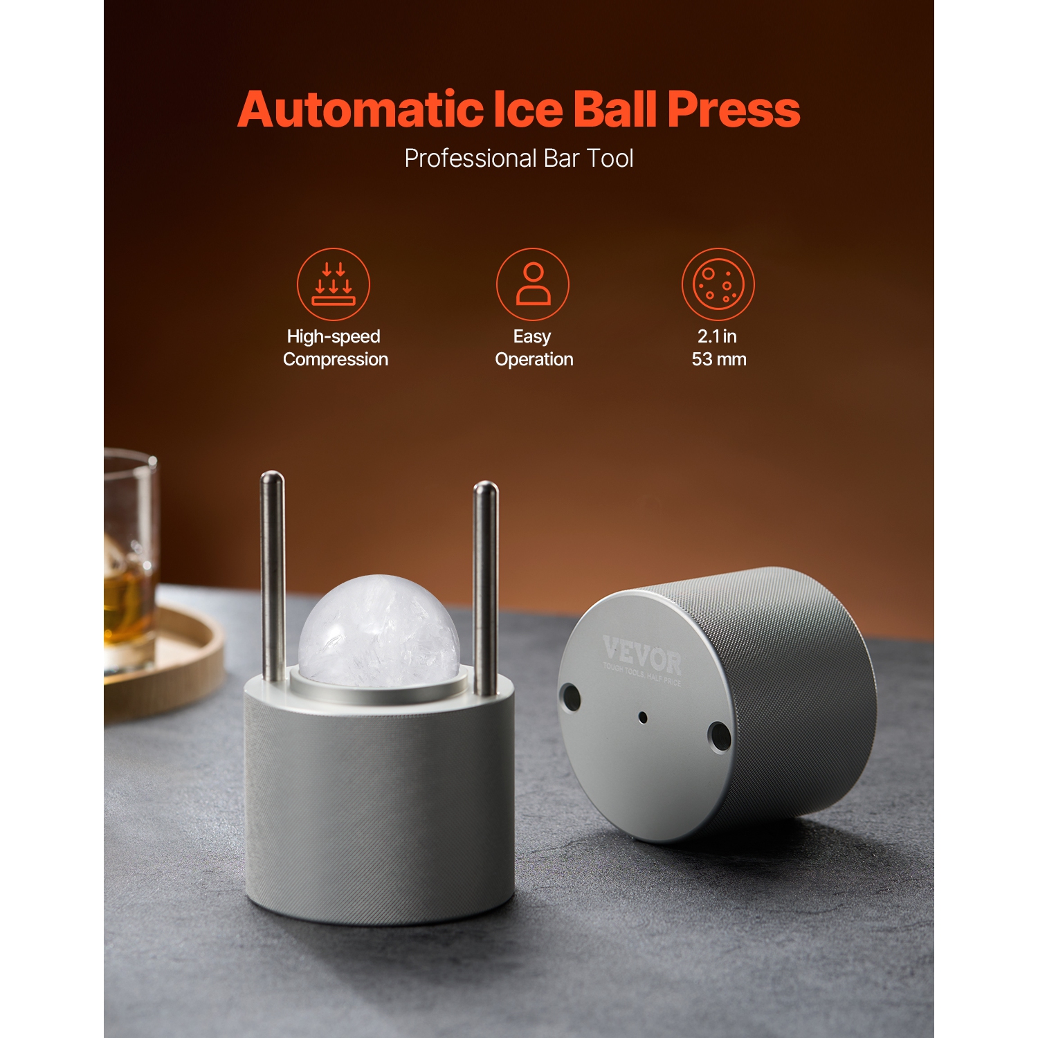 VEVOR 2.1" Ice Ball Press, Ice Ball Maker, Aviation Aluminum Ice Ball Press Kit for 53mm Ice Sphere, Ice Press with Tong and Drip Tray, for Whiskey,
