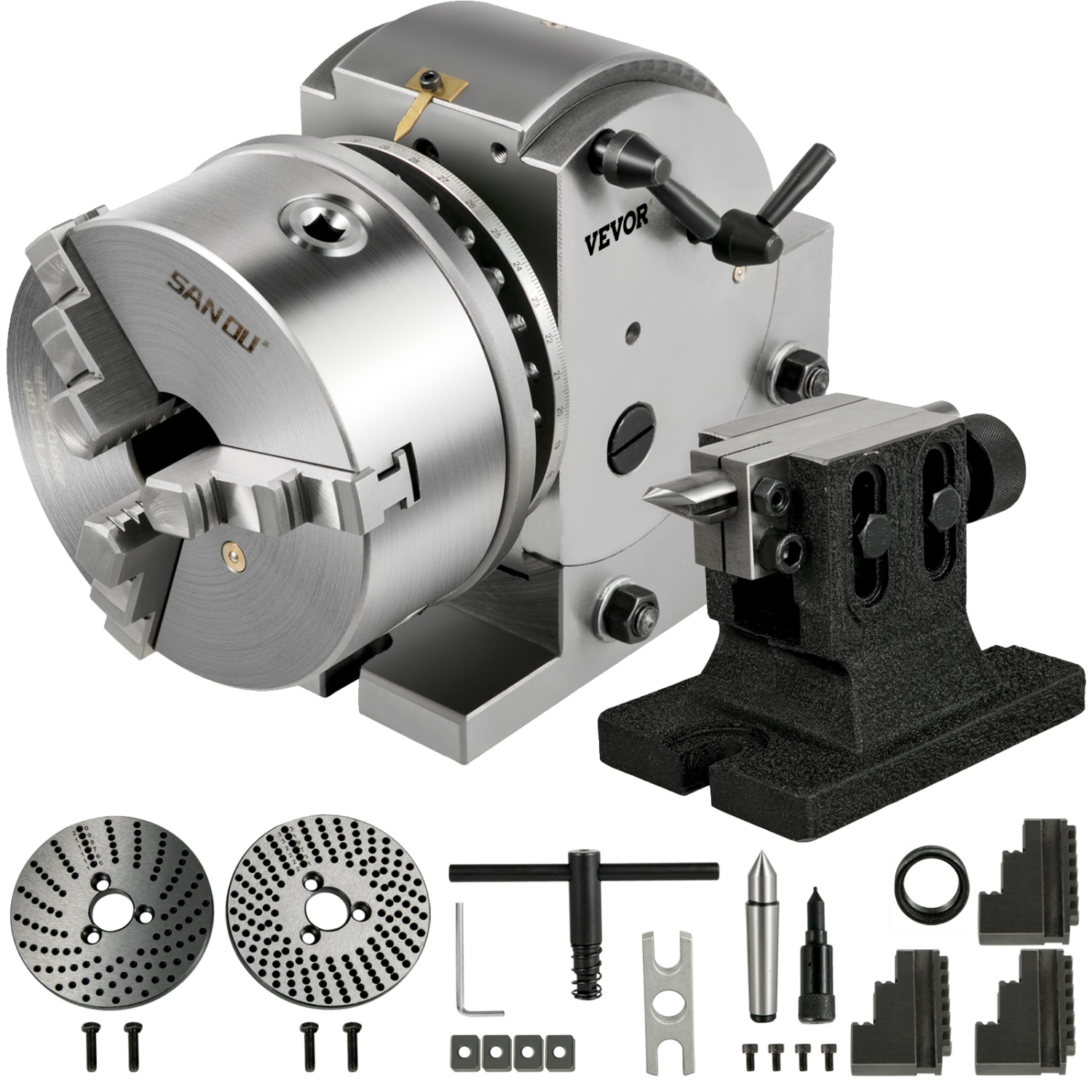 VEVOR BS-1 Dividing Head Dividing Head Set 6" 3-jaw Chuck Semi Universal Milling Set with 6" Chuck+Tailstock+Dividing Plates for Milling Grinding