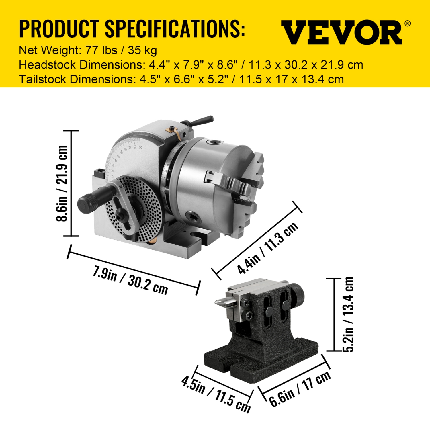 VEVOR BS-1 Dividing Head Dividing Head Set 6" 3-jaw Chuck Semi Universal Milling Set with 6" Chuck+Tailstock+Dividing Plates for Milling Grinding