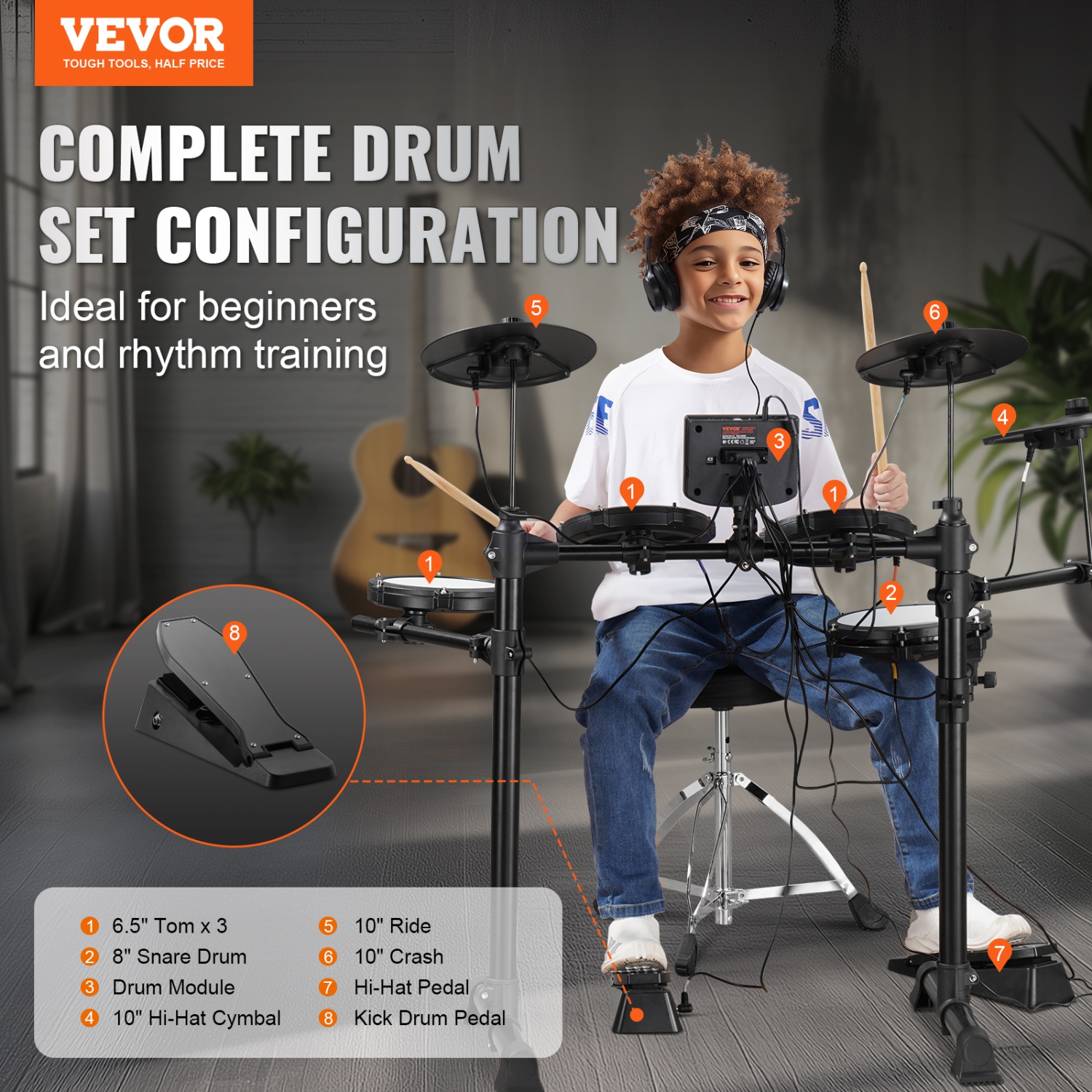 VEVOR 15 Drum Kits Electric Drum Set, 150 Sounds Electronic Drum Kit, USB MIDI Supported 8 in Quiet Mesh Snare Electric Drum Set with 10 in Cymbals
