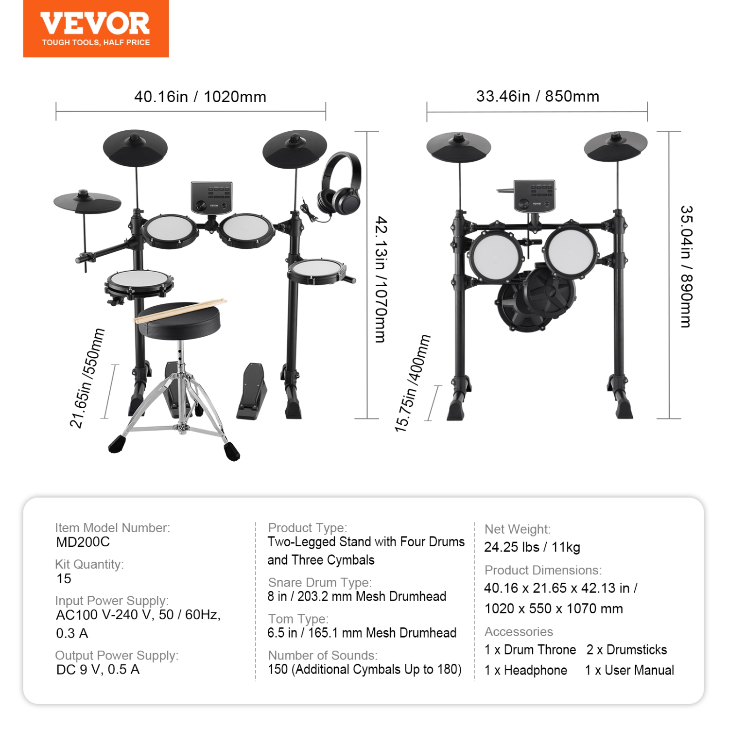 VEVOR 15 Drum Kits Electric Drum Set, 150 Sounds Electronic Drum Kit, USB MIDI Supported 8 in Quiet Mesh Snare Electric Drum Set with 10 in Cymbals