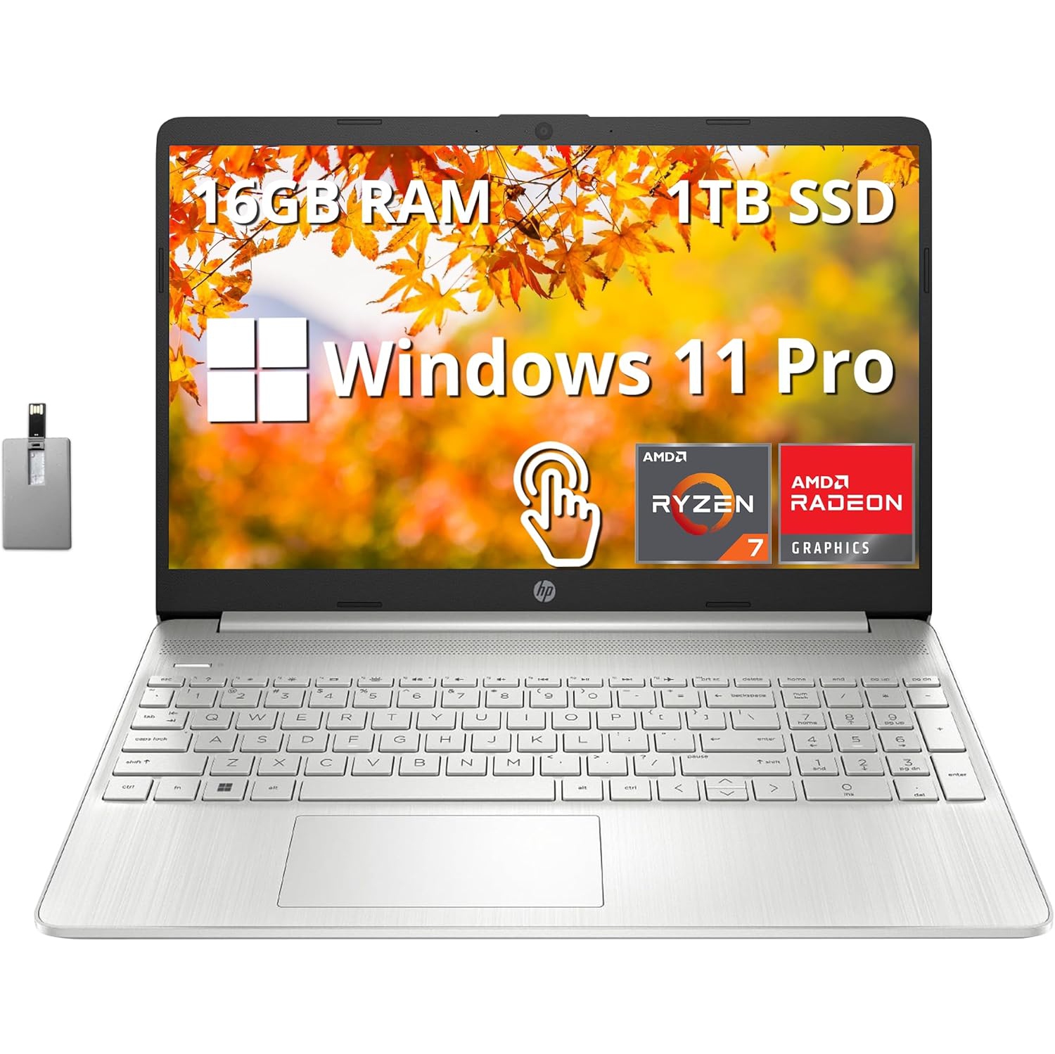 Open Box - HP 15.6" FHD Touchscreen Laptop, AMD Ryzen 7 5700U Processor, 1TB SSD, 16GB RAM, AMD Radeon Graphics, Full-Size Keyboard, HD Webcam, Win 11 Pro, Silver, 32GB USB Card
