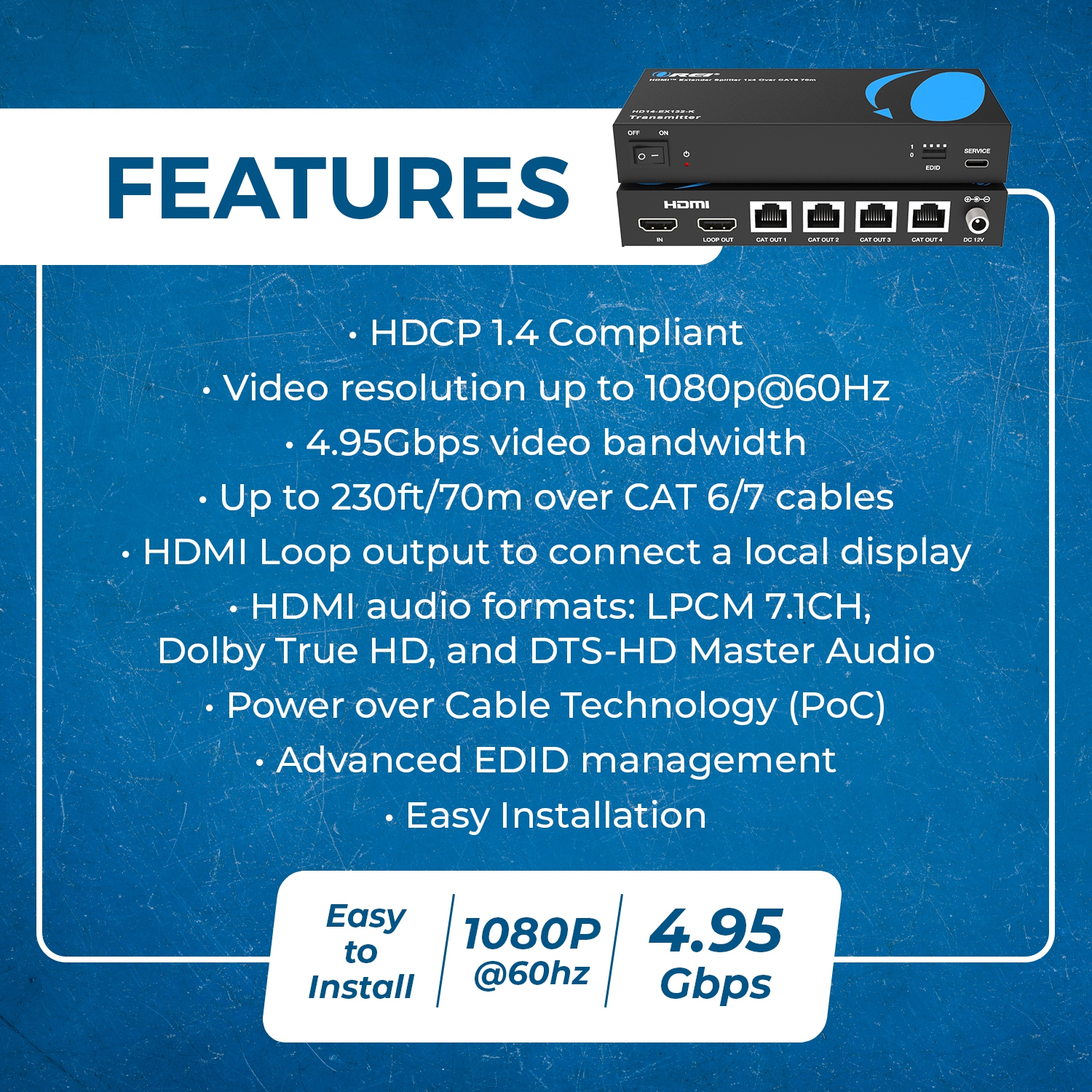 OREI – Répartiteur de prolongateur HDMI™ 1x4 1080p - 230&nbsp;pi (Cat6) HD14-EX132-K.