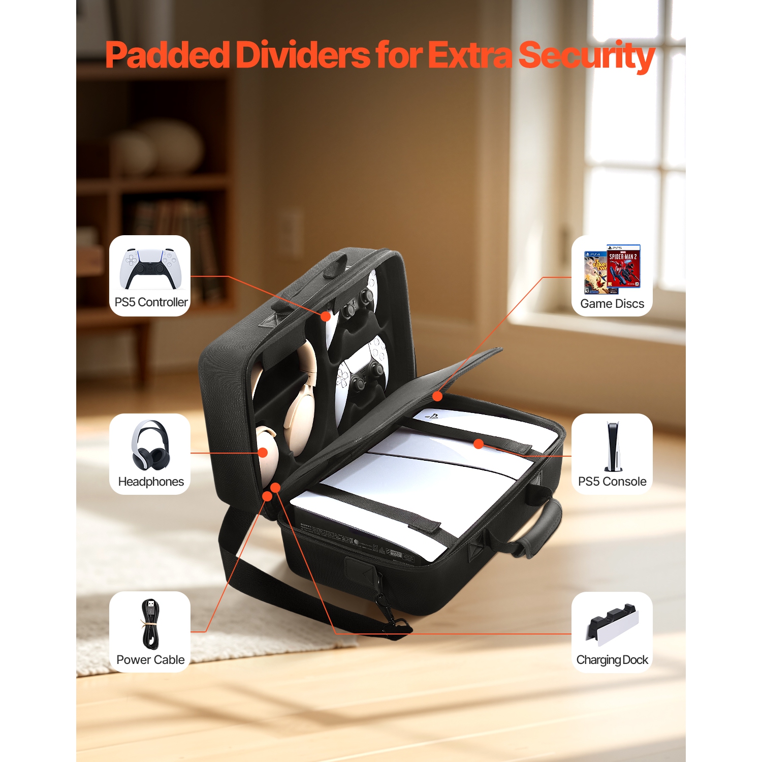 VEVOR PS5 Carrying Case, Travel Bag for Playstation 5 Slim Shockproof EVA, Soft Interior Lining & Padded Dividers for Extra Protection,Spacious