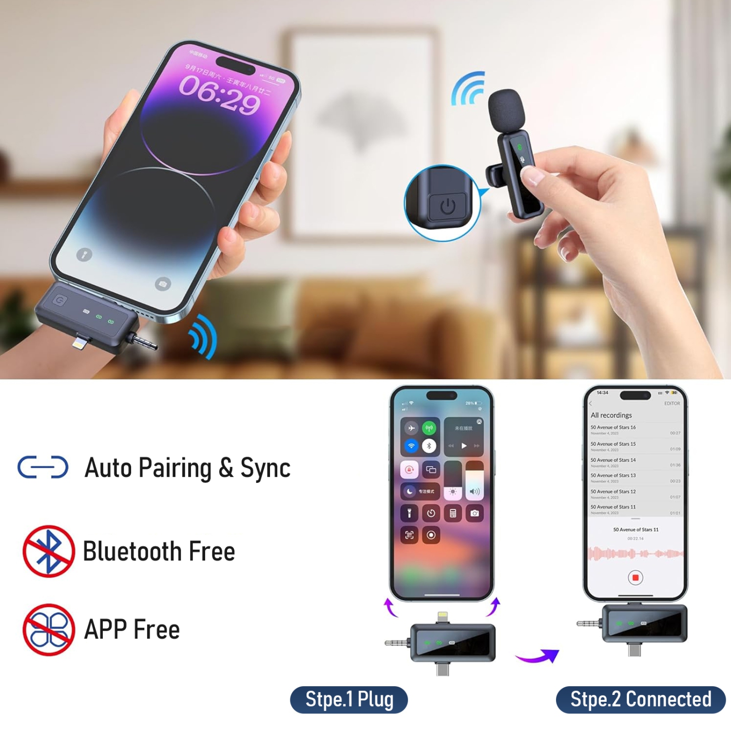 Micro-cravate sans fil 3-en-1 pour iPhone, iPad, Android, appareil photo, mini microphone pour enregistrement vidéo, blogue vidéo, YouTube