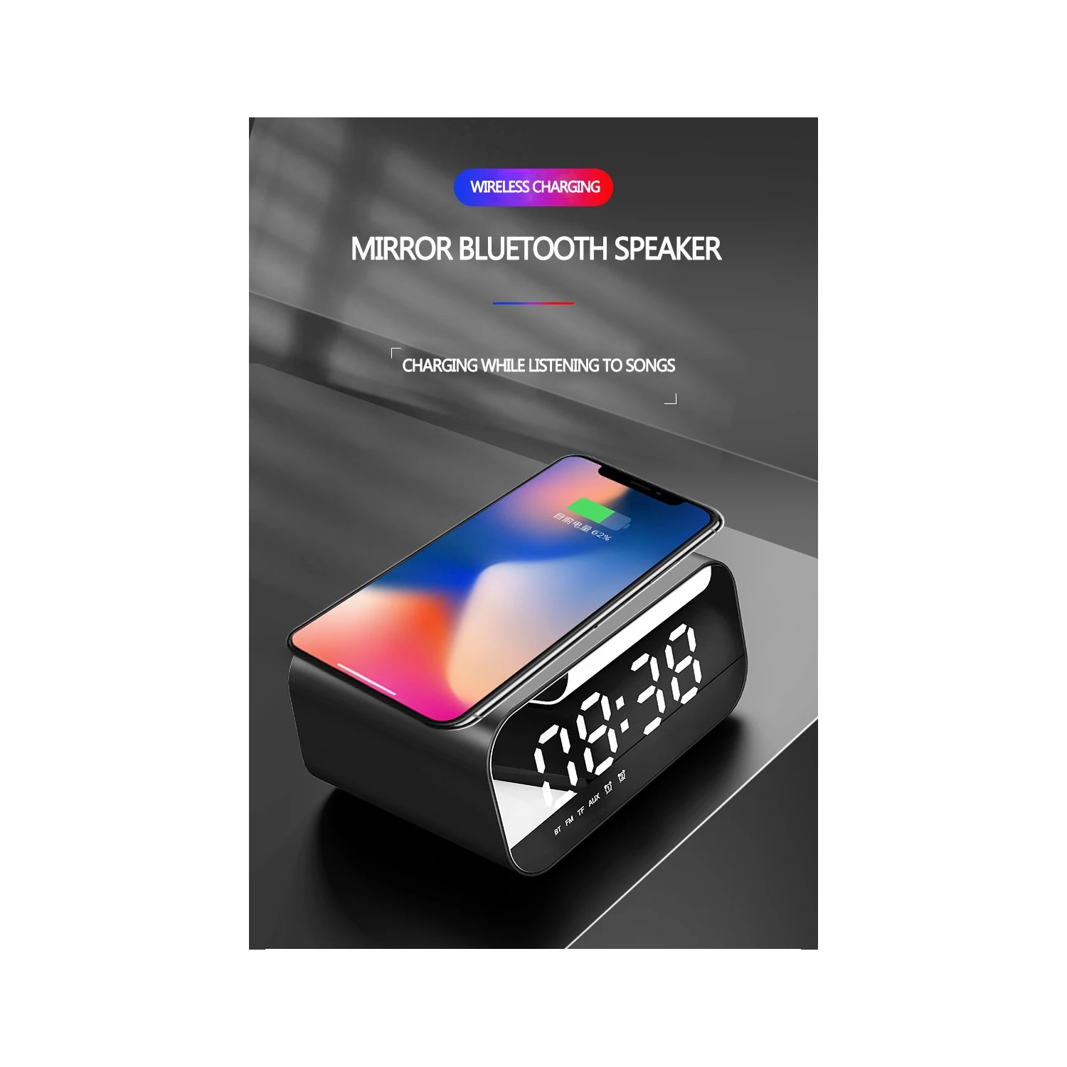 4 in 1 Wireless Phone Charging Station, Smart Digital Alarm Clock, Bluetooth Speaker, FM Radio for Bedroom and Office